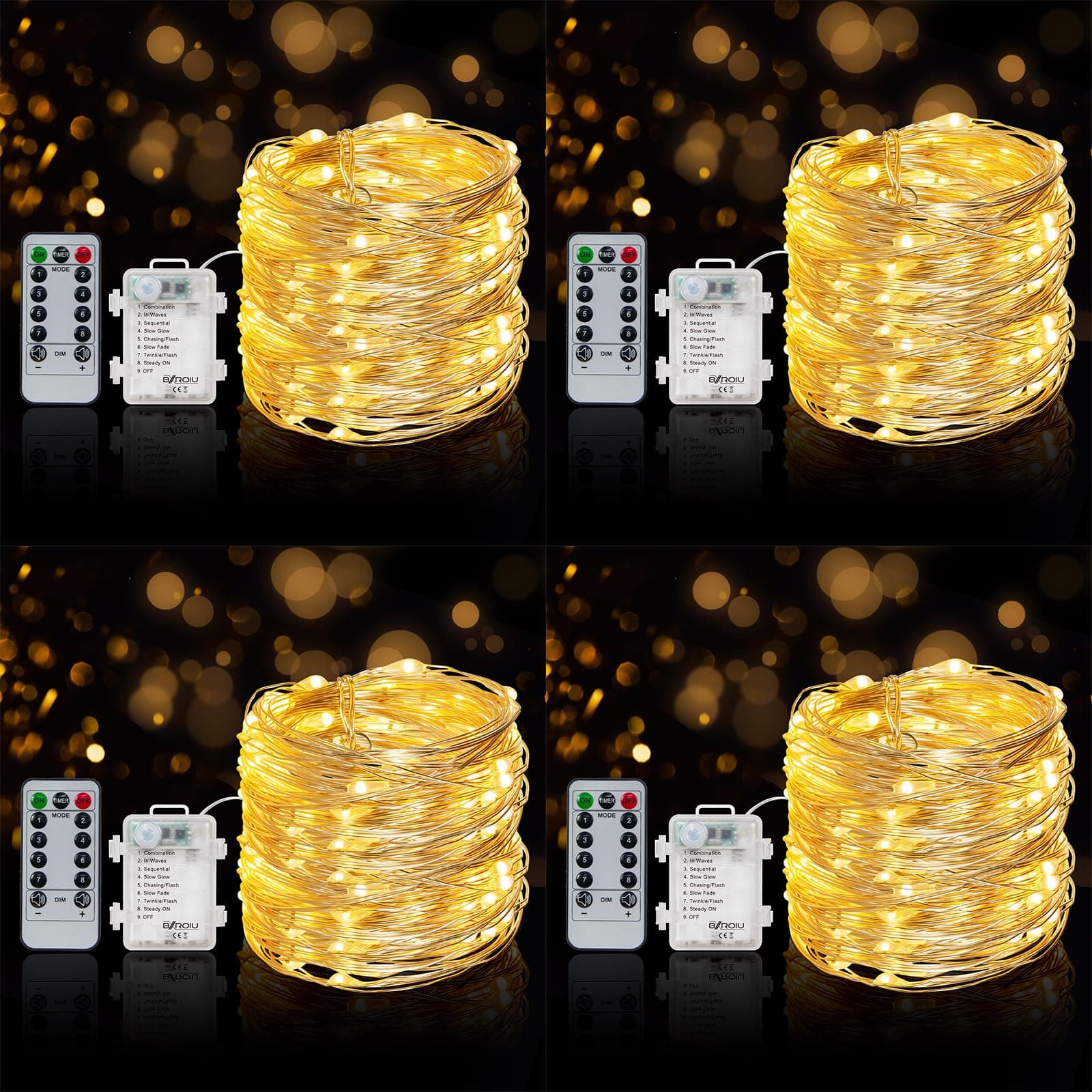 4 x Fairy String Lights Battery Operated, Silver Wire 8 Mode Chains 16.5ft 50 LEDs Firefly String Lights with Remote Control for Bedroom Christmas Party Wedding Decoration (Warm White)