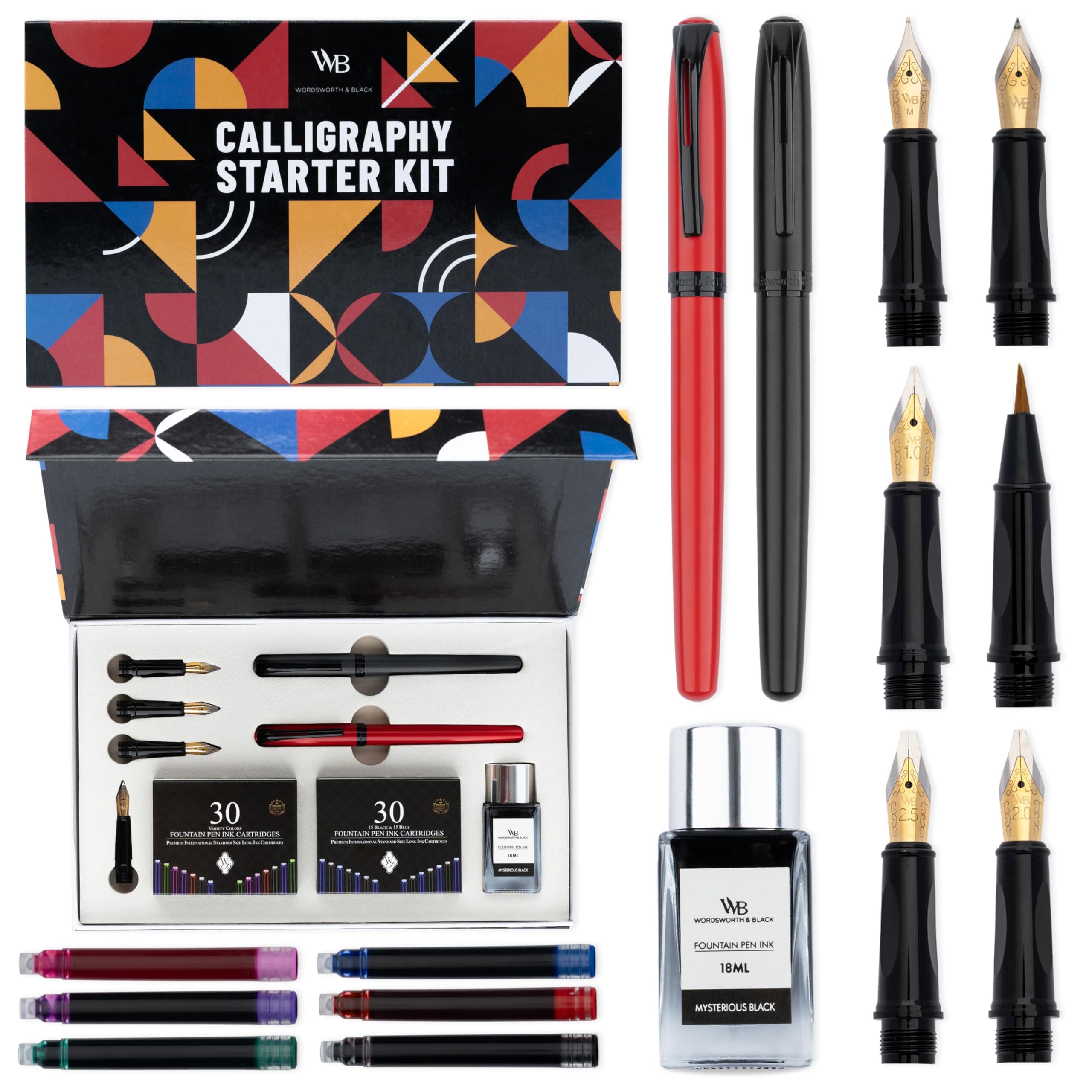 Wordsworth and Black Calligraphy Pen Set - Black - Includes 2 Calligraphy Pens, 18 ML Ink Bottle, 60 Ink Cartridges, Ink Refill Converter, 1 Medium and 4 Broad Nibs, Brush Pen