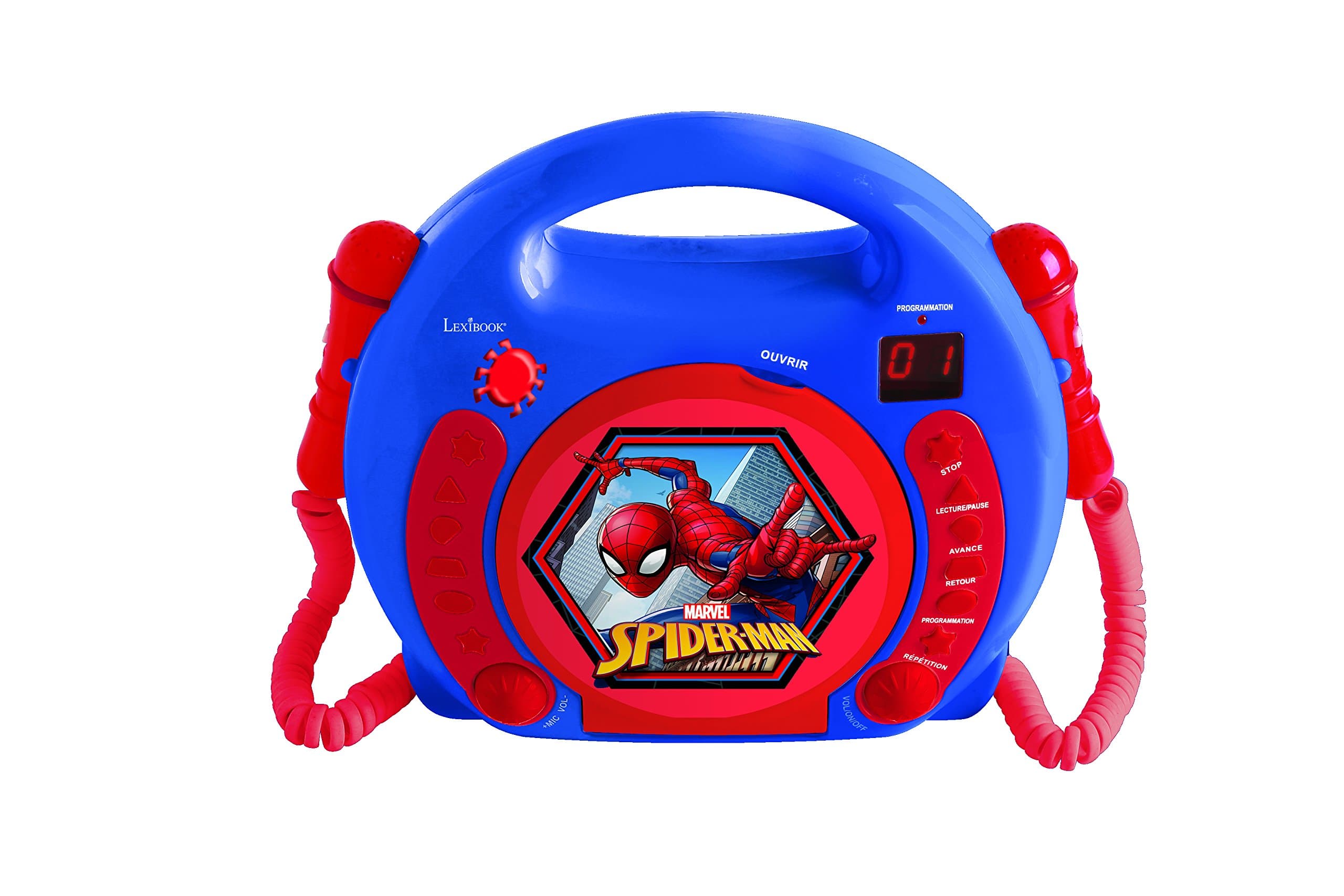 – Lexibook Marvel Spider-Man Peter Parker CD Player for Kids with 2 Toy Microphones, Headphones Jack, with Batteries, Blue, RCDK100SP
