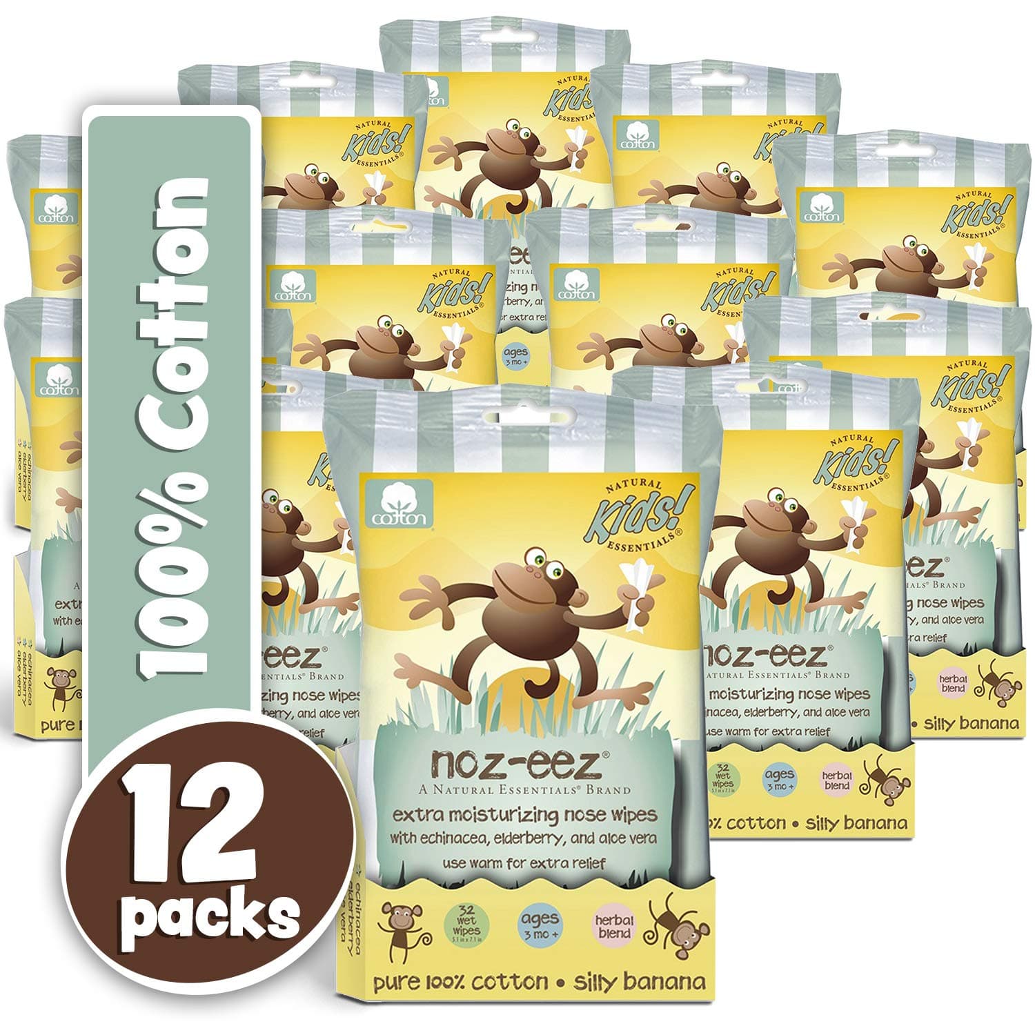 Natural Essentials Noz-eez, Moisturizing Nose Wipes w/ Echinacea, Eldeberry & Aloe, Silly Banana Fragrance, 32-Count (12)