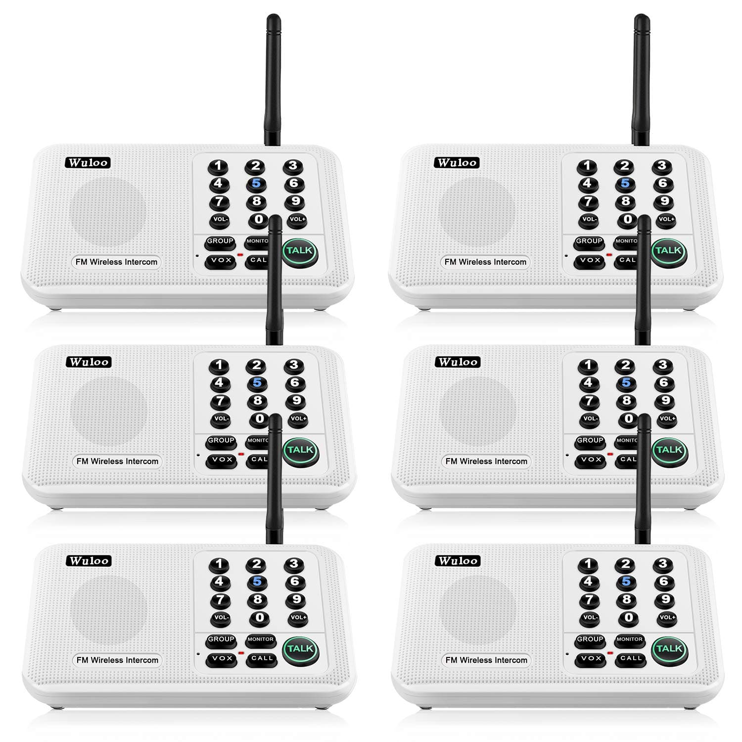 Wuloo Intercoms Wireless for Home 5280 Feet Range 10 Channel 3 Code, Wireless Intercom System for Home House Business Office, Room to Room Intercom, Home Communication System (6 Packs, White)