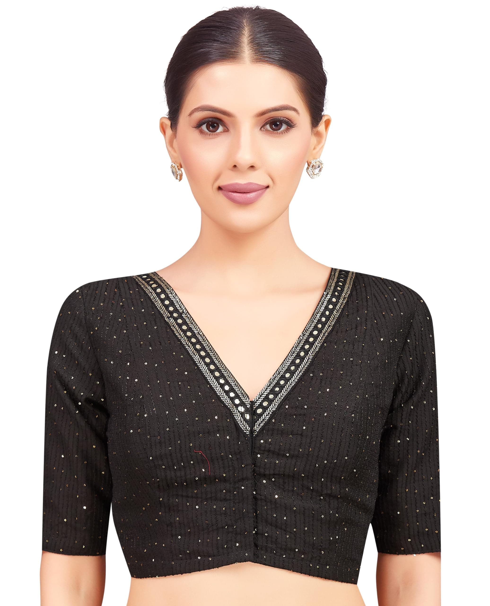 Studio ShringaarWomen's Readymade Polyester Elbow Length Sleeves Saree Blouse with Mirror Work