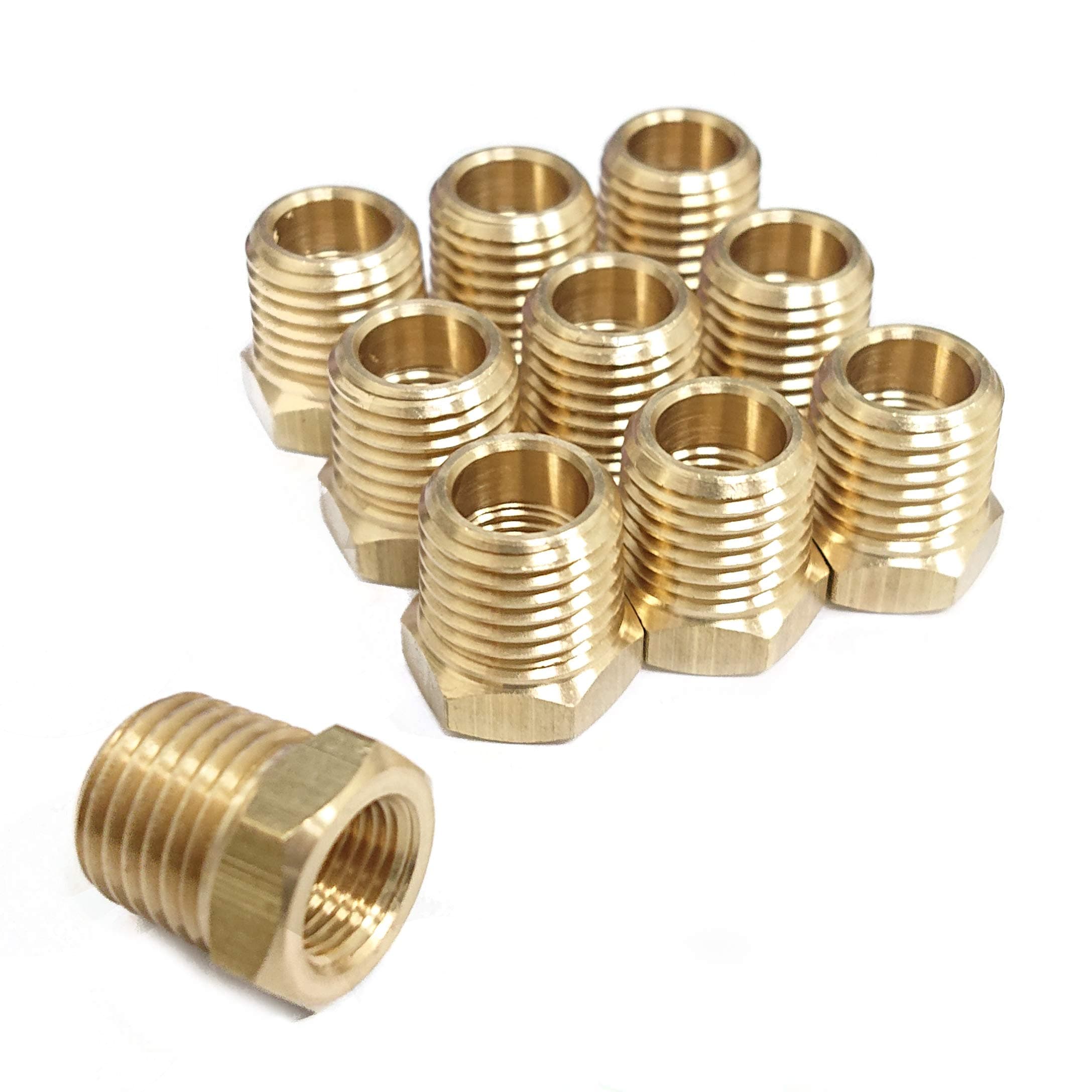 T TANYA HARDWARE 1/8" x 1/4" Brass Hex Bushing, Female Pipe x Male Pipe, NPT, Pack of 10