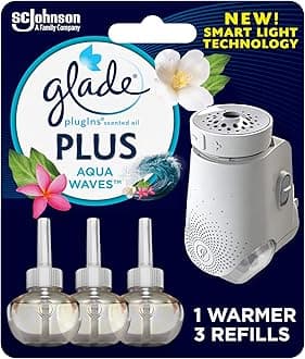 GladePlugIns Plus Refills Air Freshener Starter Kit, Aqua Waves, Scented and Essential Oils for Home and Bathroom, 0.67 Fl Oz, 1 Warmer + 3 Refills