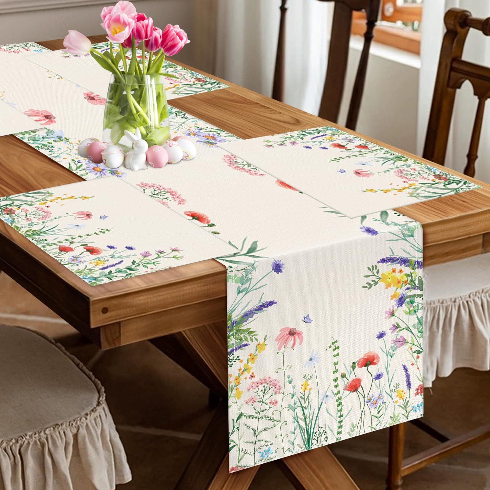 NLUS Spring Summer Table Runner and Placemats Set of 4, Watercolor Wild Flower Blooming Floral Seasonal Holiday Easter Kitchen Dining Table Decoration for Indoor Outdoor Home Party Decor