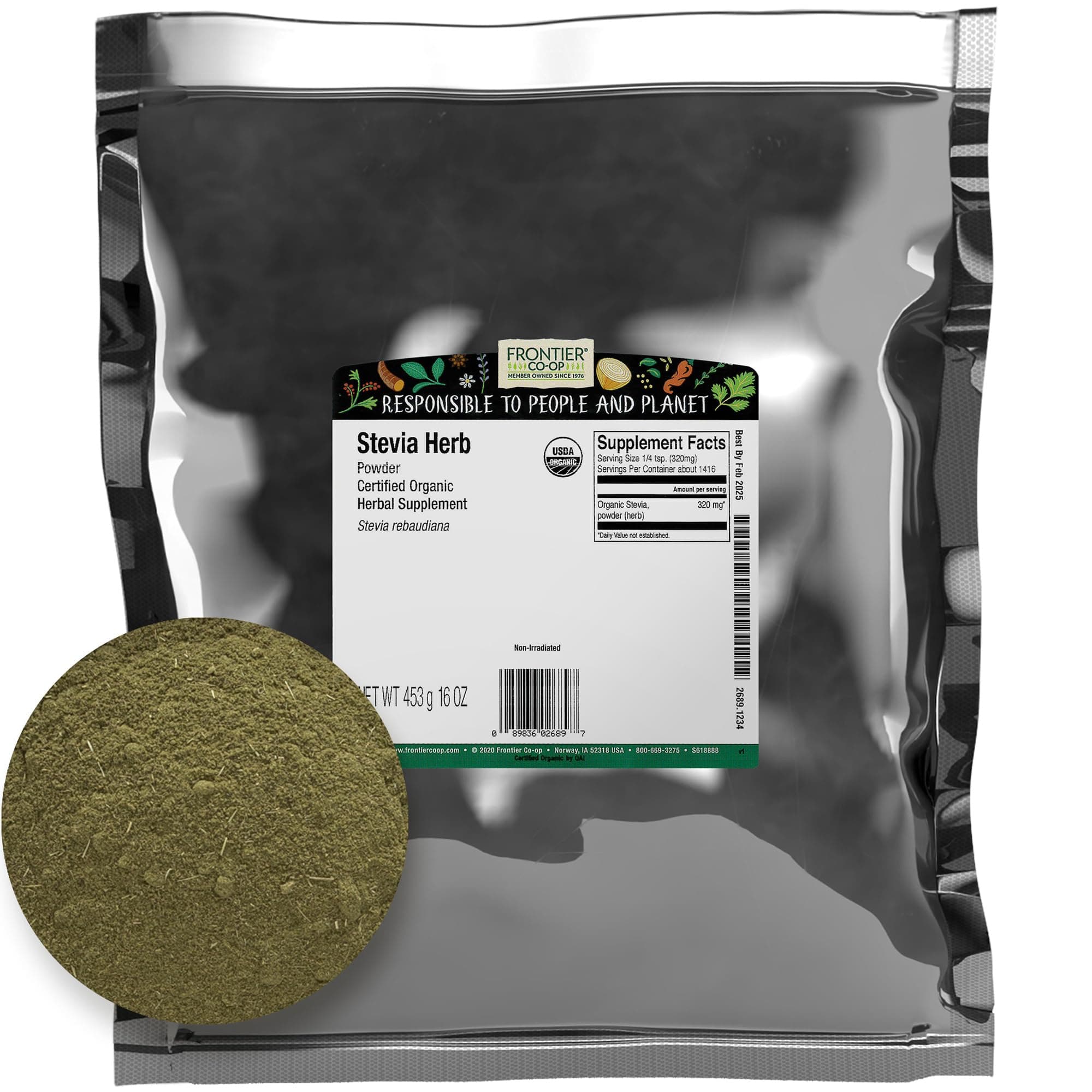 Frontier Co-op Stevia Herb Powder, 1lb Bulk Bag, Certified Organic | 100% Pure Stevia Powder | Ideal for Baking, Coffee, and Tea | No Fillers, Kosher