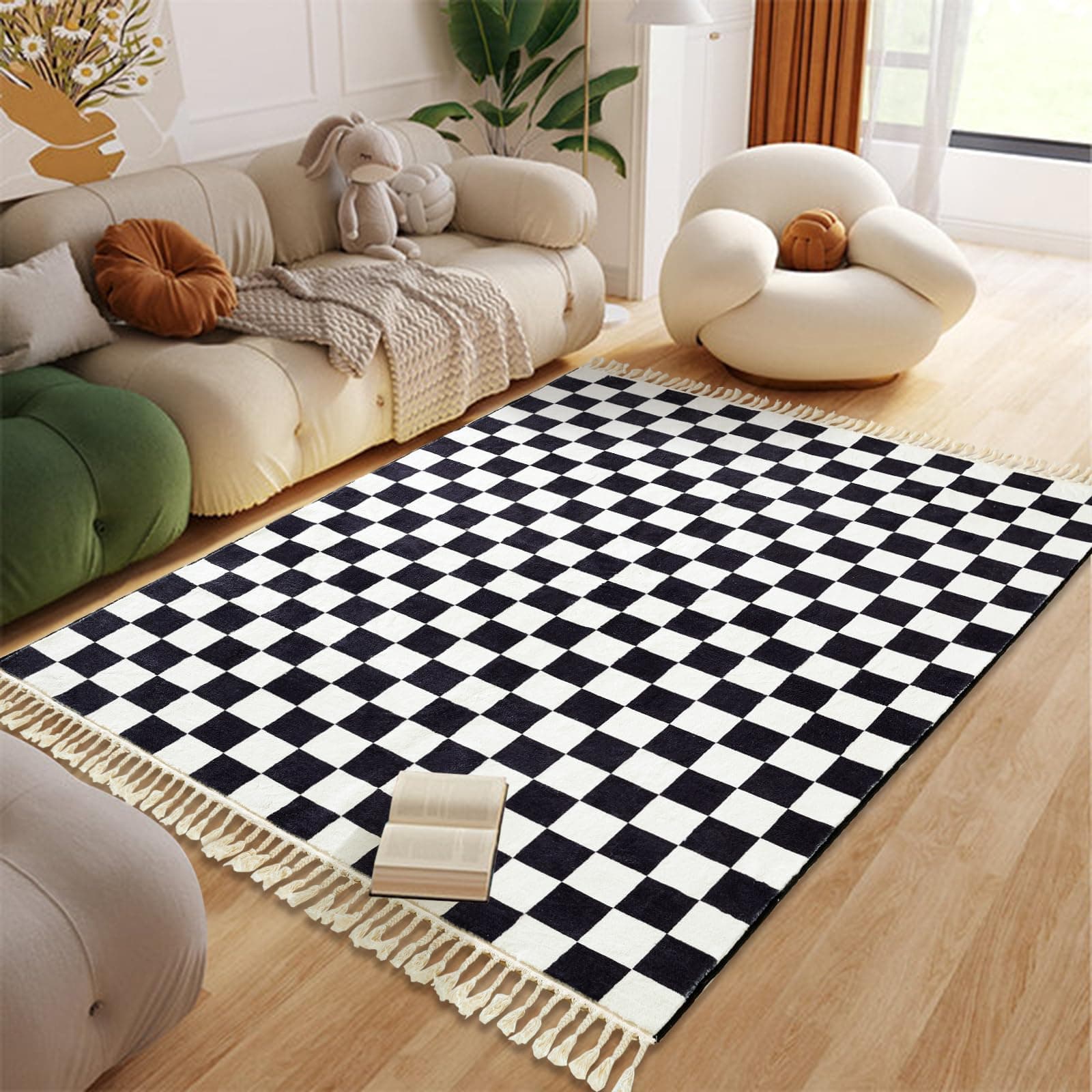 Washable Boho 4x6 Area Rugs with Tassels, Thin Soft Retro Black and White Checkerboard Rugs for Bedroom Living Room Entryway Kitchen Dining Room, Mid Century Modern Trendy Accent Throw Carpet