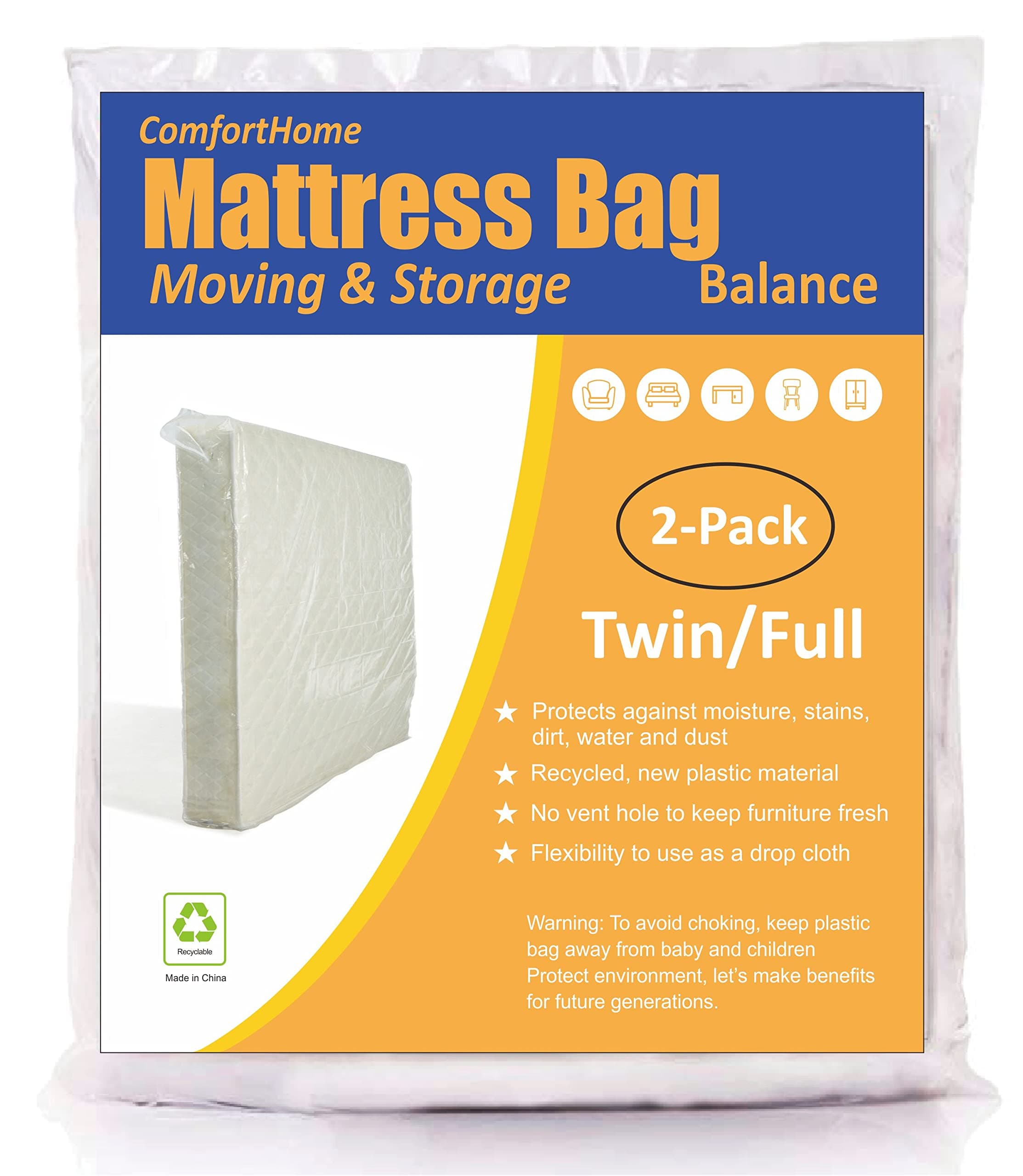 ComfortHome Mattress Bag for Moving and Storage, Medium Weight, Fits Twin/Full Size Mattress, 2 Pack