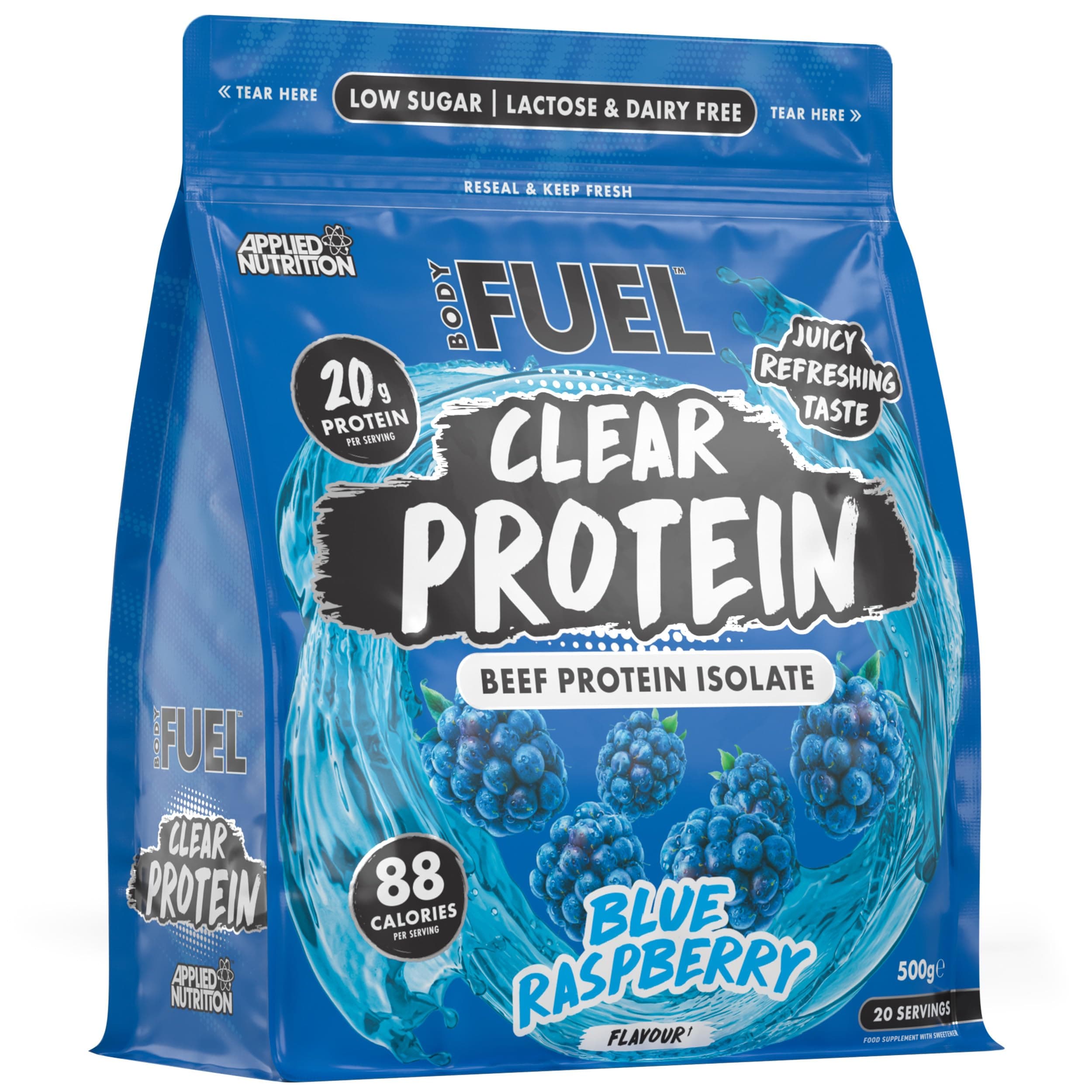 BodyFuel Clear Protein - Beef Protein Isolate - Clear & Refreshing - Best Low Sugar & Lactose-Free Protein Supplement - Muscle Support (500g - 20 Servings) (Blue Raspberry)