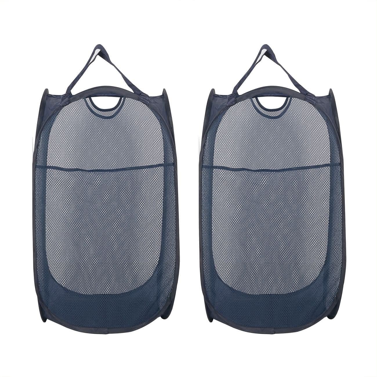 Landoom Mesh Laundry Basket, Pop Up Laundry Hamper with Reinforced 2.0MM Wire Frame, Pack of 2 - Navy Blue