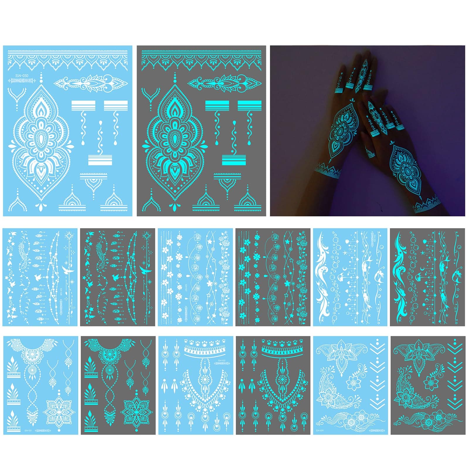 Temporary Tattoos, 9 Sheets Henna Tattoo Kit for Face, Hand, Choker, Leg and Rave & Festival Body Art, Starlight