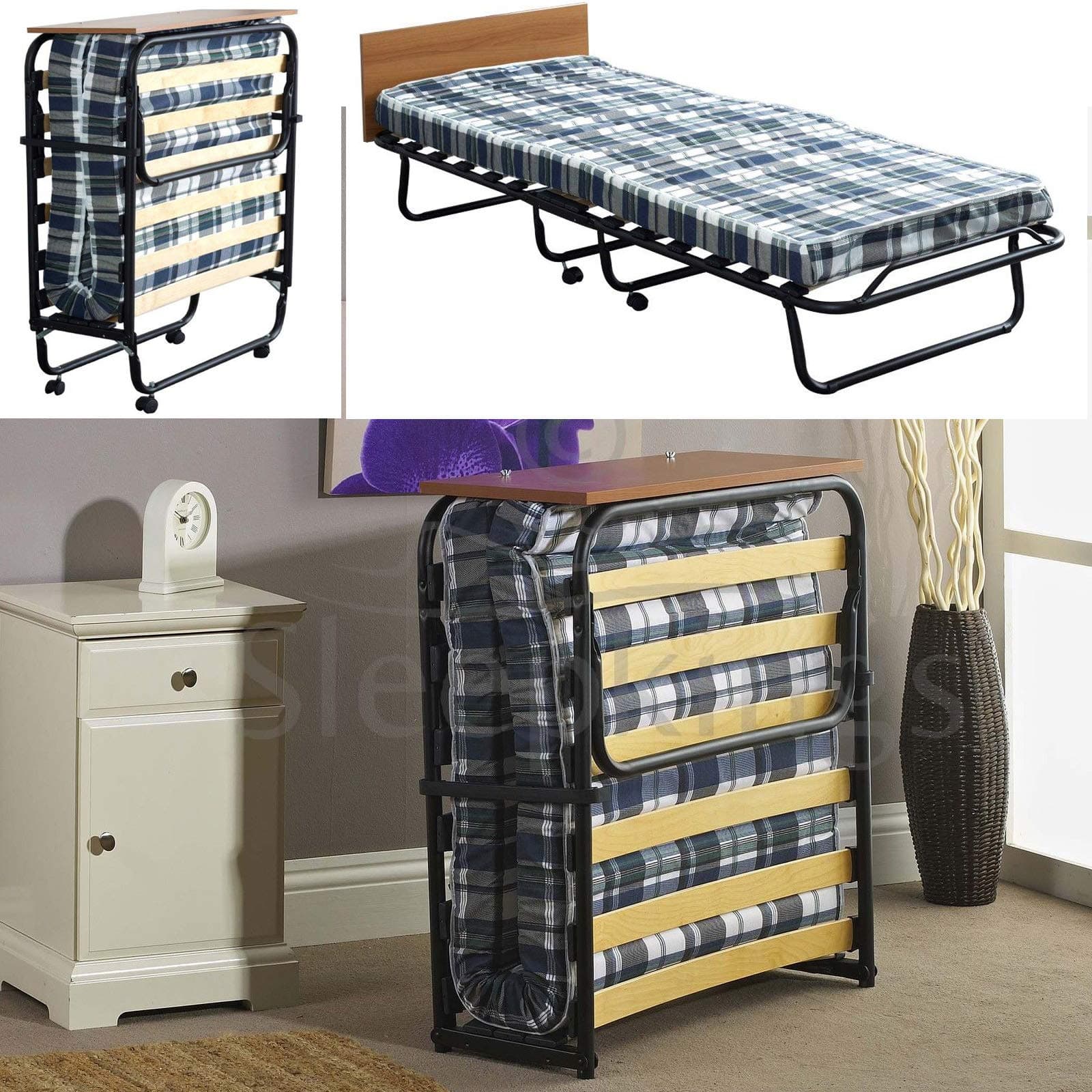 Folding Bed Visitor Guest Single Bed with Mattress & Headboard