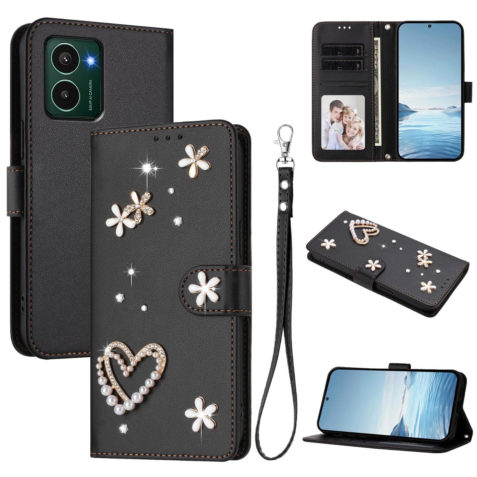 スマホケース 対応機種 for Nokia HMD Pulse/Pro/Pulse Plus ランヤード【カードホルダー付き財布 フリップカバー マグネットバックル キックスタンド】 Black