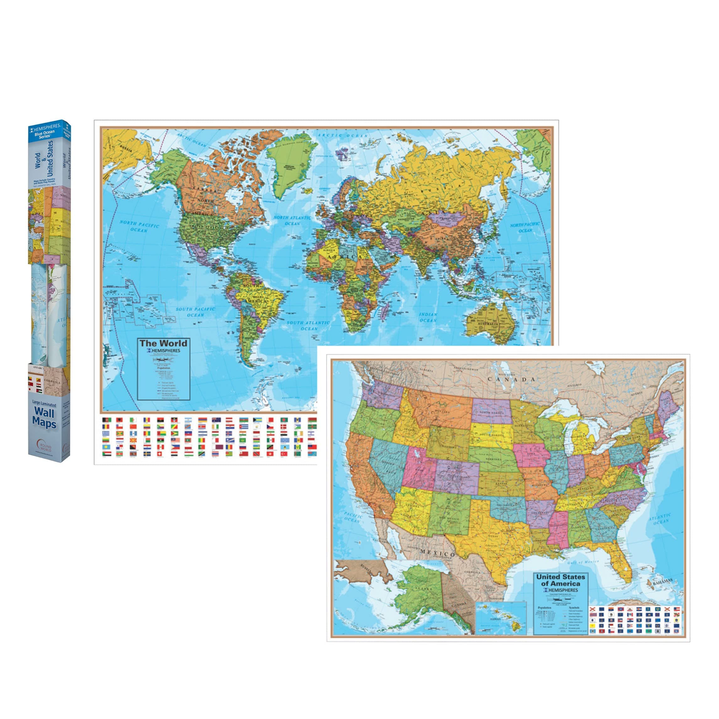 Hemisphere RWPHMB02PK Laminated Wall, World & USA Map
