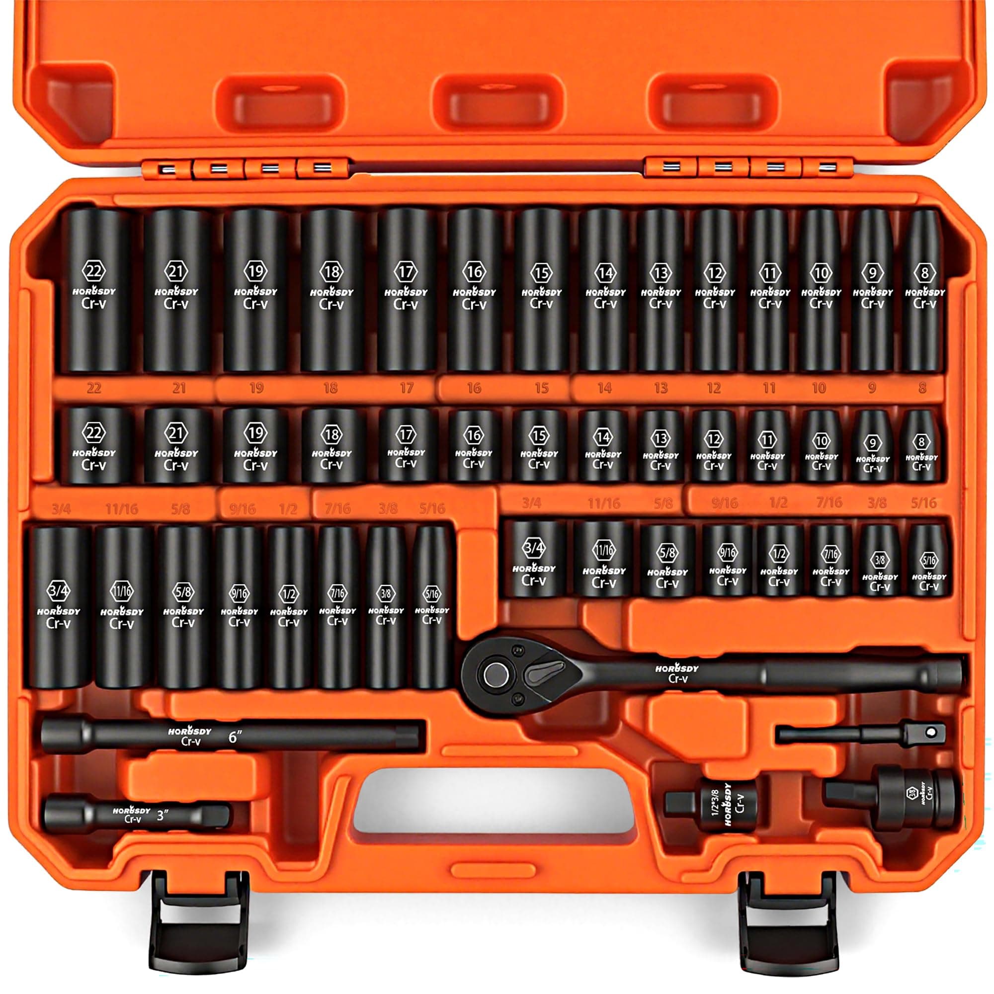 HORUSDY 50-Piece 3/8" Drive Impact Socket Set, Standard SAE (5/16 to 3/4 inch) and Metric (8-22mm) Size, 6 Point, Cr-V, 3/8-Inch Drive Ratchet Wrench, Drive Extension Bar, Impact Universal Joint