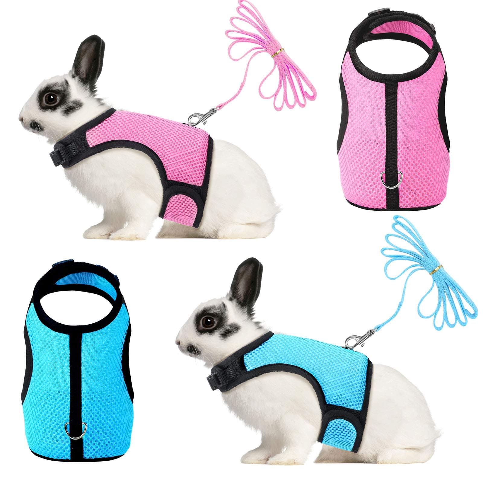 SATINIOR 2 Pieces Bunny Rabbit Harness with Leash Cute Adjustable Buckle Breathable Mesh Vest for Kitten Puppy Small Pets Walking (L, Blue, Pink)