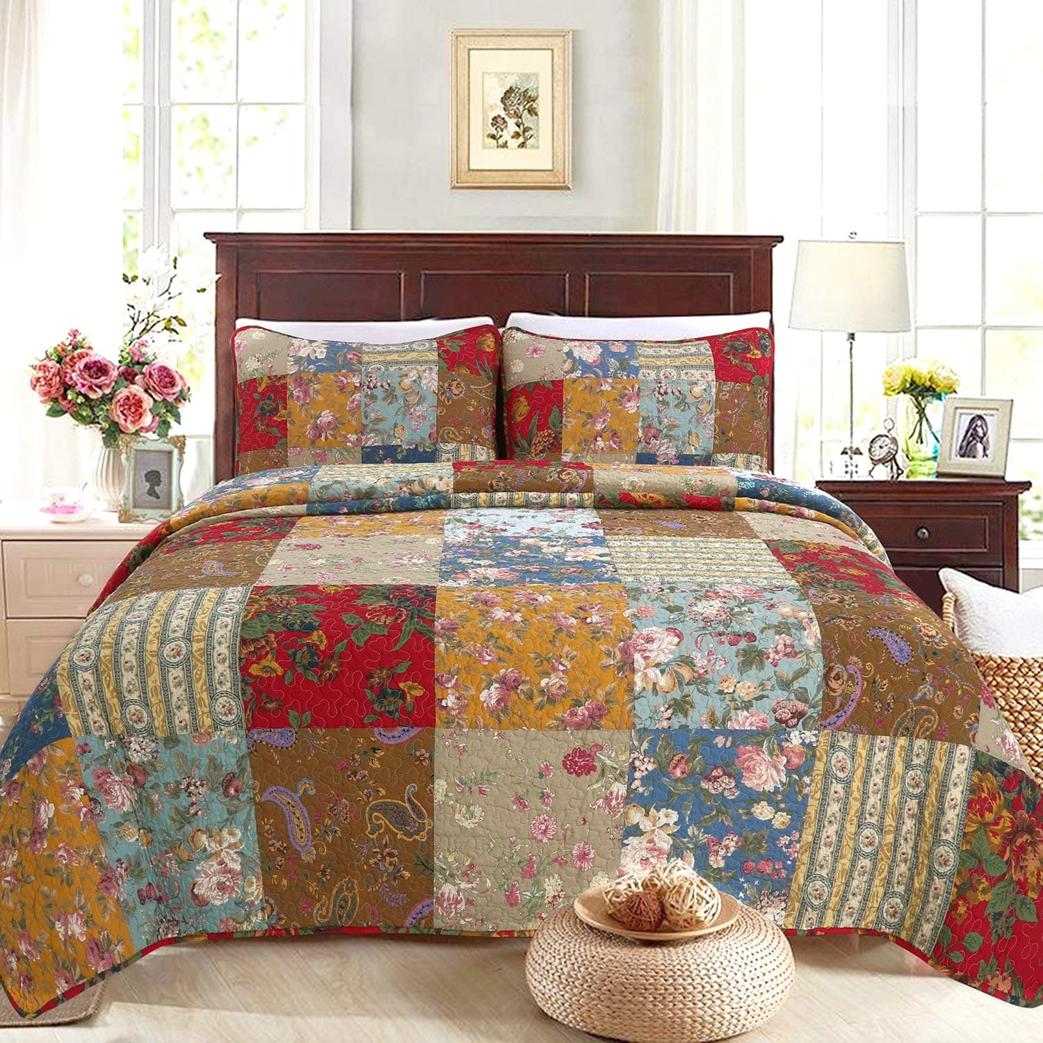 Cozy Line Home Fashions 100% Cotton Hand Piecing Real Patchwork Floral Plaid Country Farmhouse Reversible Quilt Bedding Set Coverlet Bedspread for All Seasons (Khaki Red, King - 3 Piece)