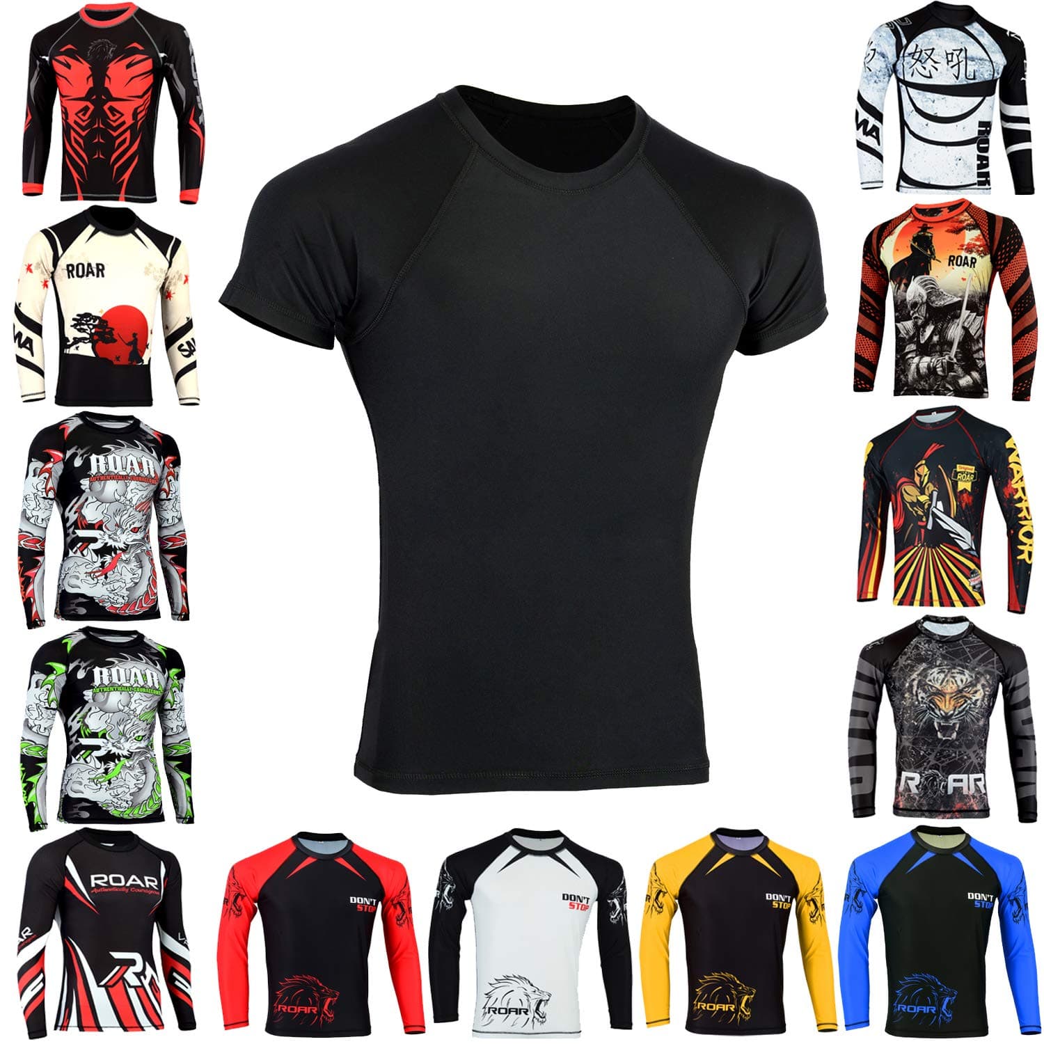 Roar BJJ Rash Guards MMA Grappling Jiu Jitsu Training No Gi Fight Wear Shirt UFC (Simple Black, Medium)