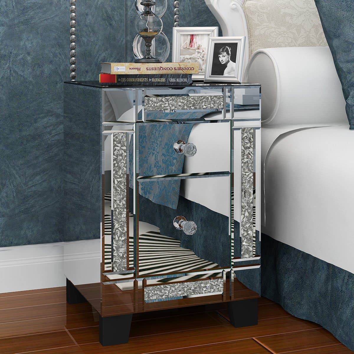 Keinode Mirrored Bedside Table Beautify Glass Storage Cabinet 2 Drawers Glass Crystal Diamond Handles High Shine Luxurious Furniture for Bedroom Living Room Bathroom