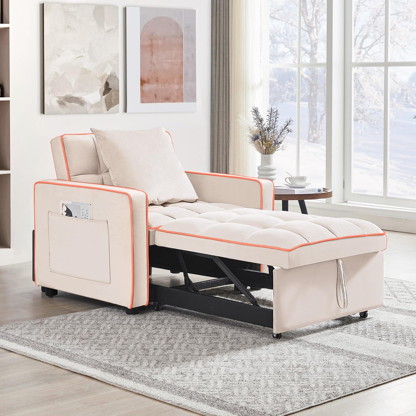 KINFFICT Sleeper Sofa Chair Bed, Convertible 3-in-1 Sofa Armchair, Adjustable Pullout Sleeper Bed, Single Lounger Futon with Side Pockets for Living Room