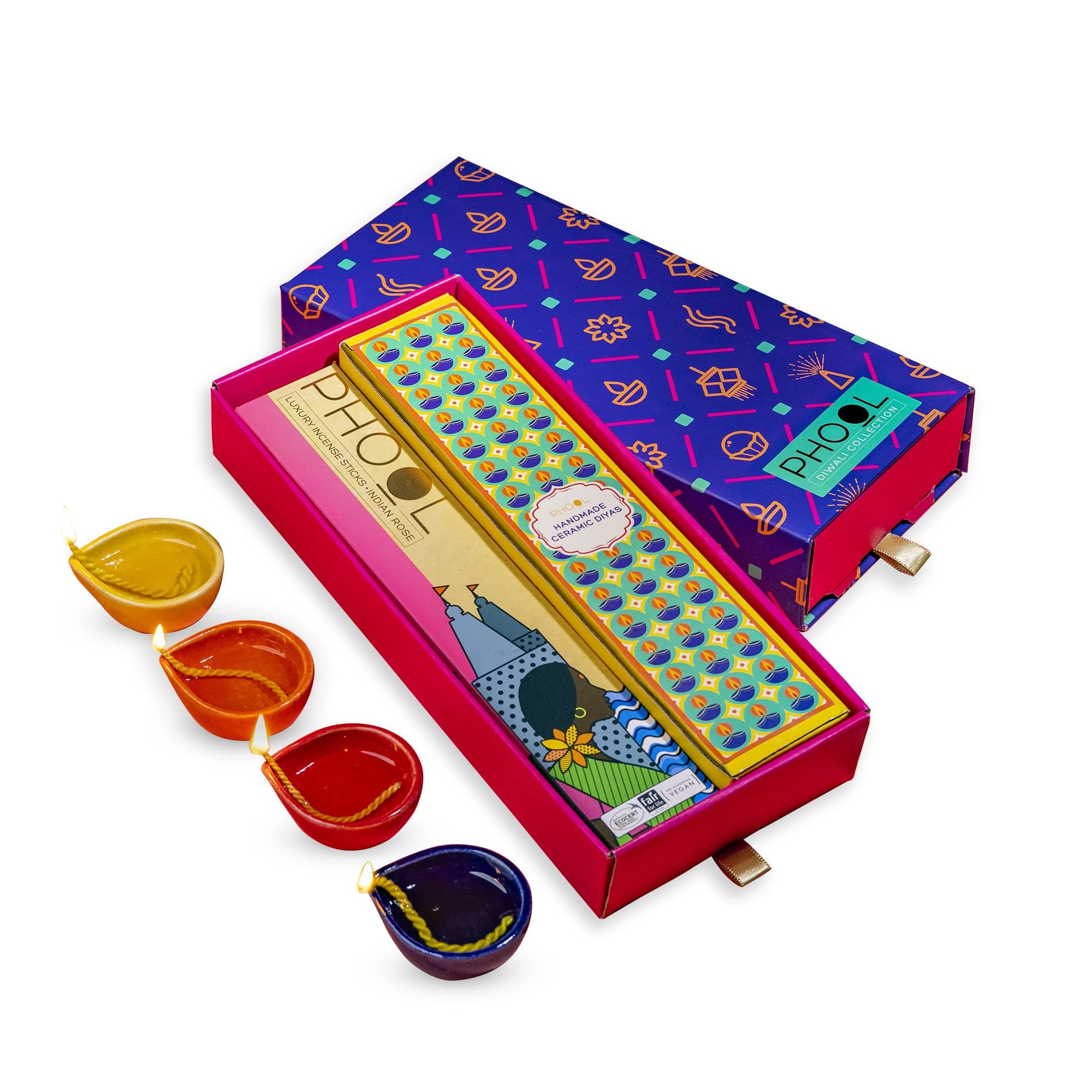 Phool Diwali Shubh Mahotsav Gift Box | Hand-Made Ceramic Diyas with Cotton Wicks & Indian Rose Incense Sticks (Agarbatti) with Holder