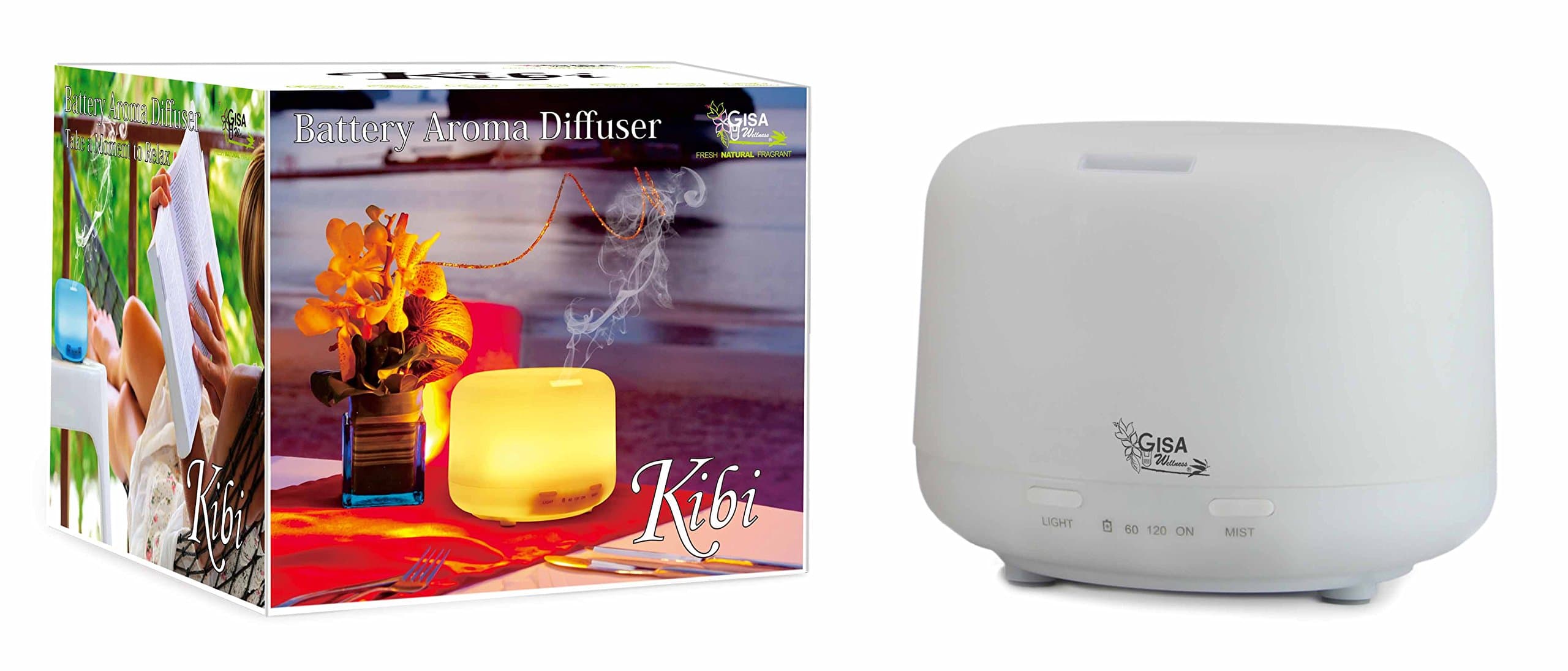 Gisa Wellness KIBI – USB Essential Oils Ultrasonic Aroma Diffuser with rechargeable battery/USB Humidifier - 150 ml, 7 colors LED, perfect for aromatherapy and chromotherapy