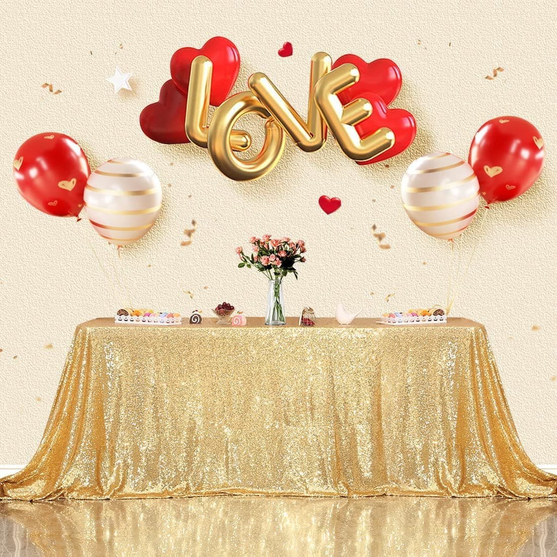 Juya Delight 60" x 102" Bright Gold Rectangle Sequin Tablecloth for Party Dinner Banquet Festival Anniversary Exhibition Dessert Table