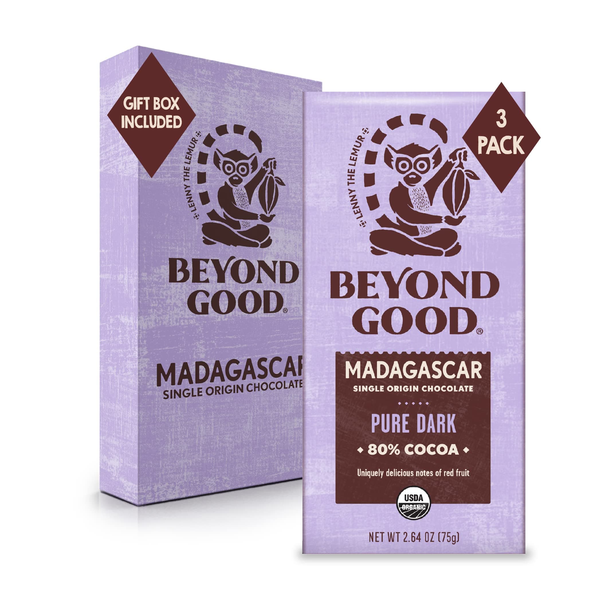 Beyond Good Chocolate Bars | 3 Pack 80% Pure Dark Chocolate | Gift Box Included | Organic, Direct Trade, Vegan, Kosher, Non-GMO | Single Origin Madagascar Heirloom Chocolate