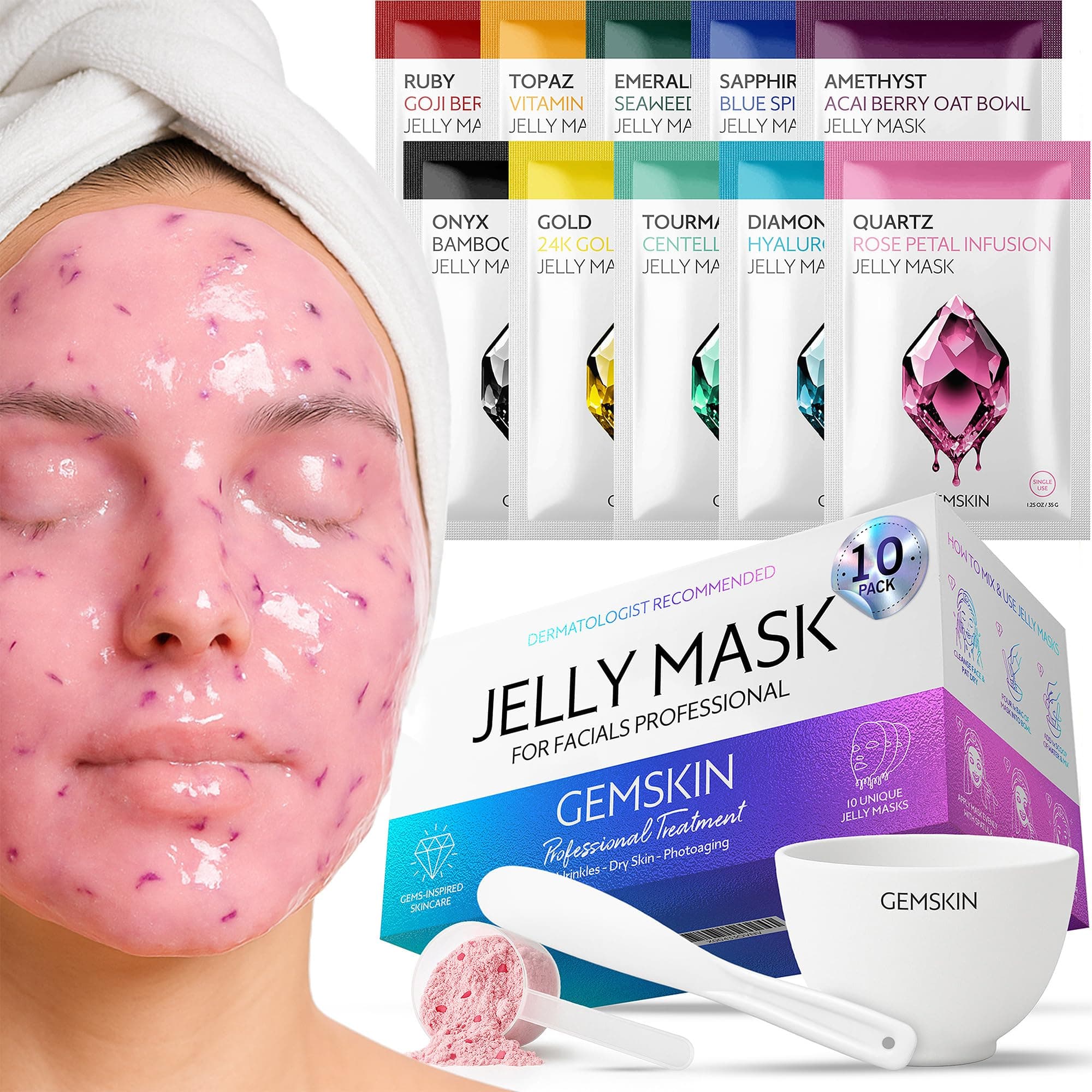 Jelly Mask for Facials Peel-Off - 10 Set Pack Modeling Rubber Mask Multipack - Hydrating & Calming Jelly Face Mask Powder Variety Spa Kit - Bowl Scoop & Spatula Bundle - Professional Skincare