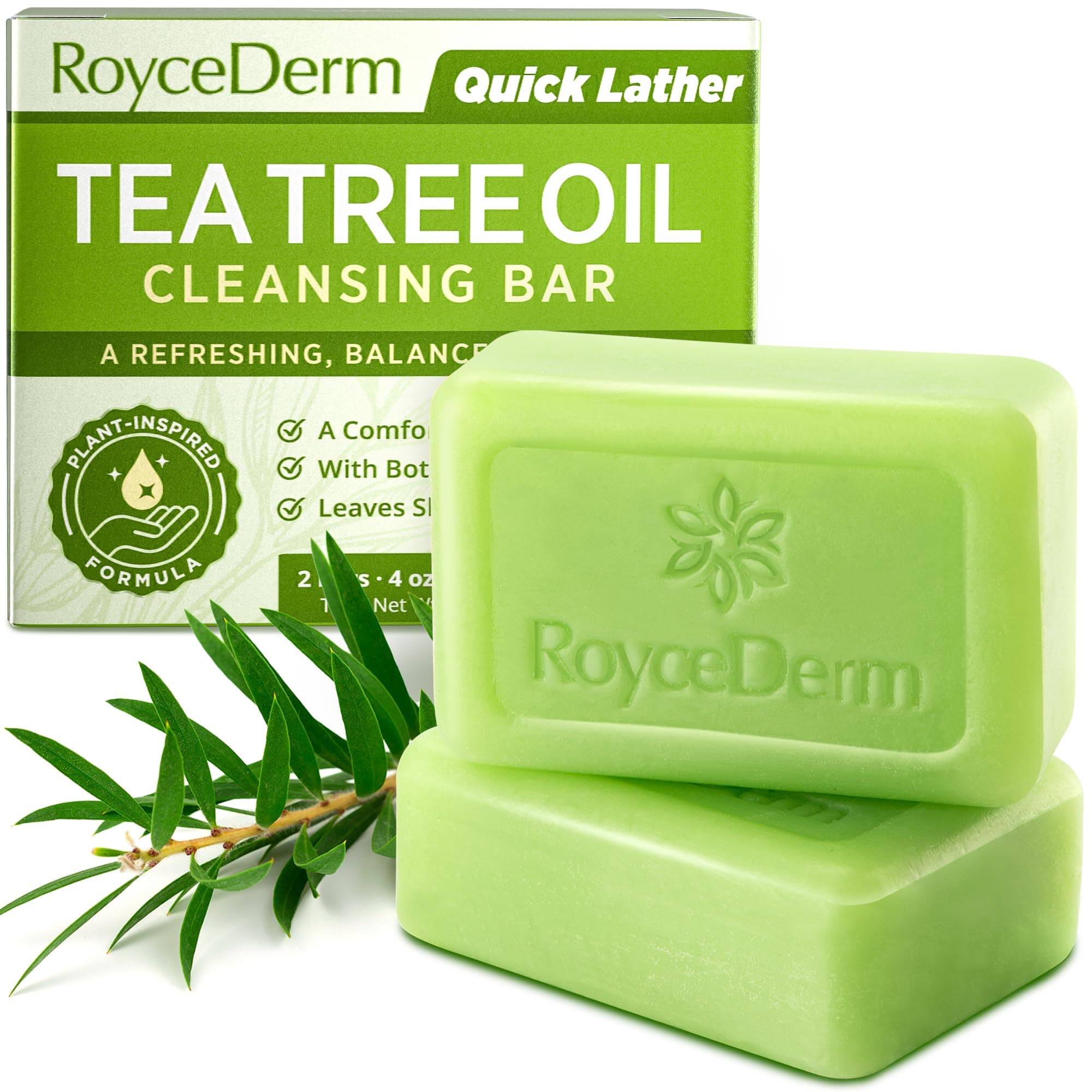 RoyceDerm Tea Tree Cleansing Bar Soap – Refreshing Body & Face Cleanser for Oily & Sweat-Prone Skin, Deep Clean Feel, Quick Lather, Plant-Inspired Formula