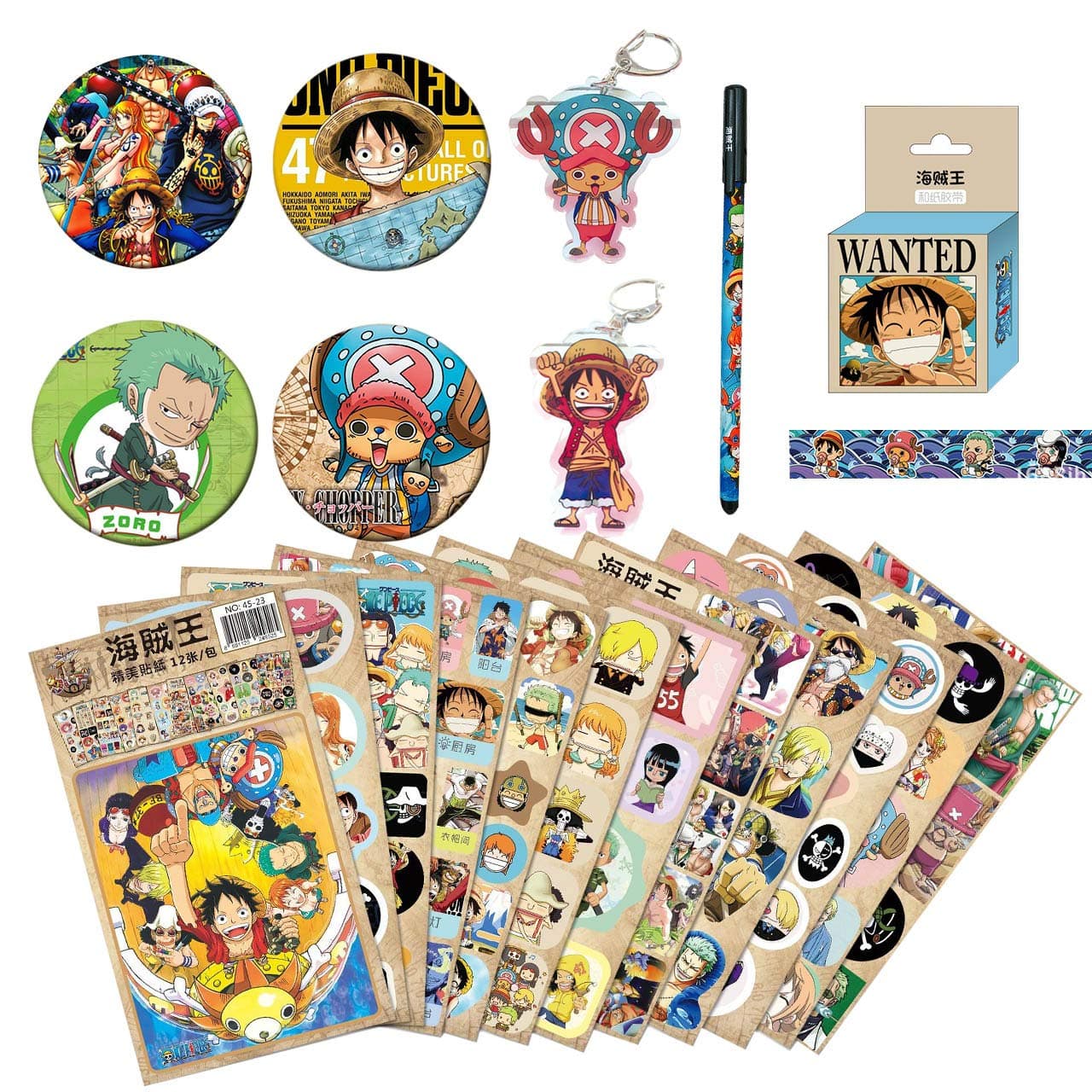 ONE Piece Gifts Set -12 Sheets Sticker,2 Keychain,2 Button Pins,1 Double-Sided Tape,1 Pen