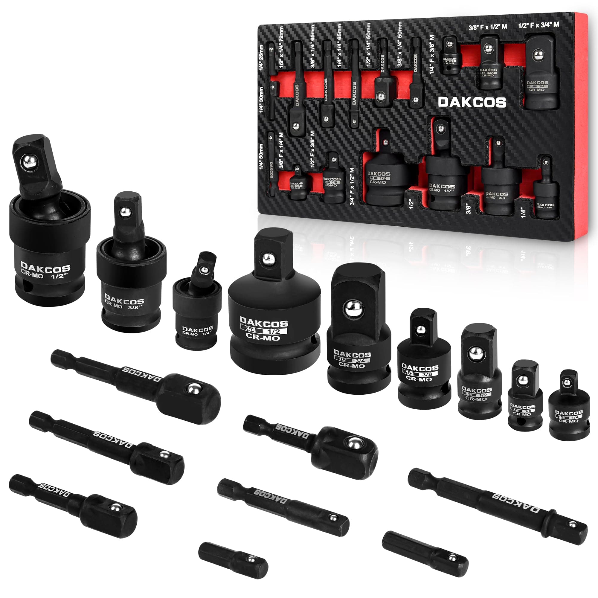 17 Piece Socket Adapter Set includes Reducer, Universal Joint Socket Set, Drill Adapter 1/4" 3/8" 1/2"