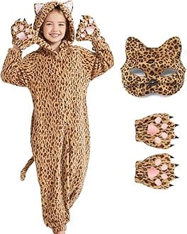 Cheetah Costume Kids Snow Leopard Costume Gloves Mask Cheetah Onesie Bodysuit Halloween Cosplay for Girls Boys