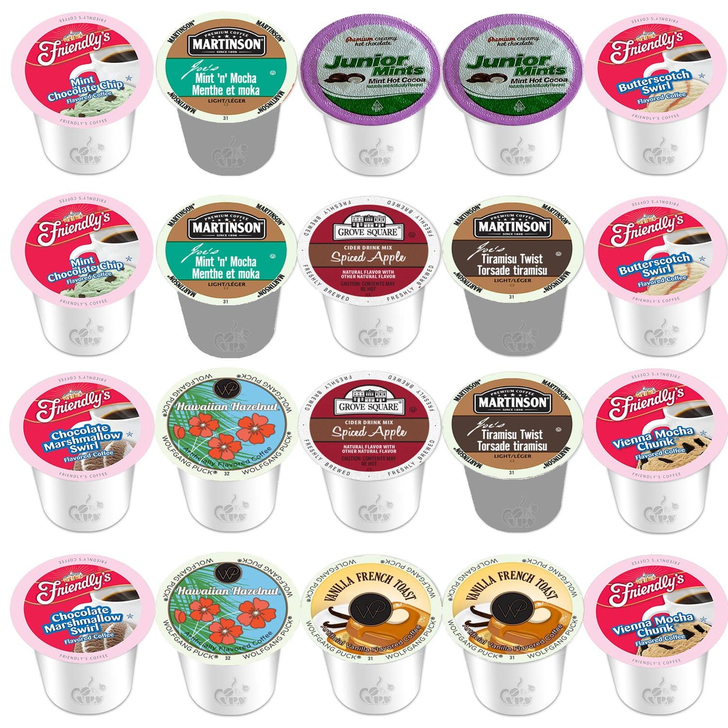 20 Count Variety Coffee 2.0 Flavored including Mint Chocolate Chip, Butterscotch, Vienna Mocha Fudge, Junior Mints, Tiramisu, Spiced Apple Cider and Chocolate Marshmallow (10 Flavors)