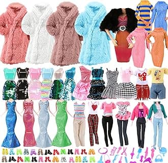 70 PCS Handmade Doll Clothes and Accessories Including 2 Winter Coats 1 Sweater 7 Party Dress 5 Outfits 1 Scarf 1 Hat 10 Pair of Shose 10 Hanger and 18 Accessories in Random for 11.5 Inch Dolls
