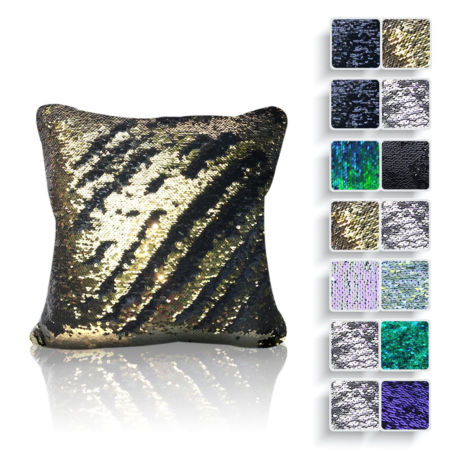 Magic Mermaid Sequin Home Decorative Throw Pillow Cover 16” x 16” Sequins Front & Back (Black & Gold)