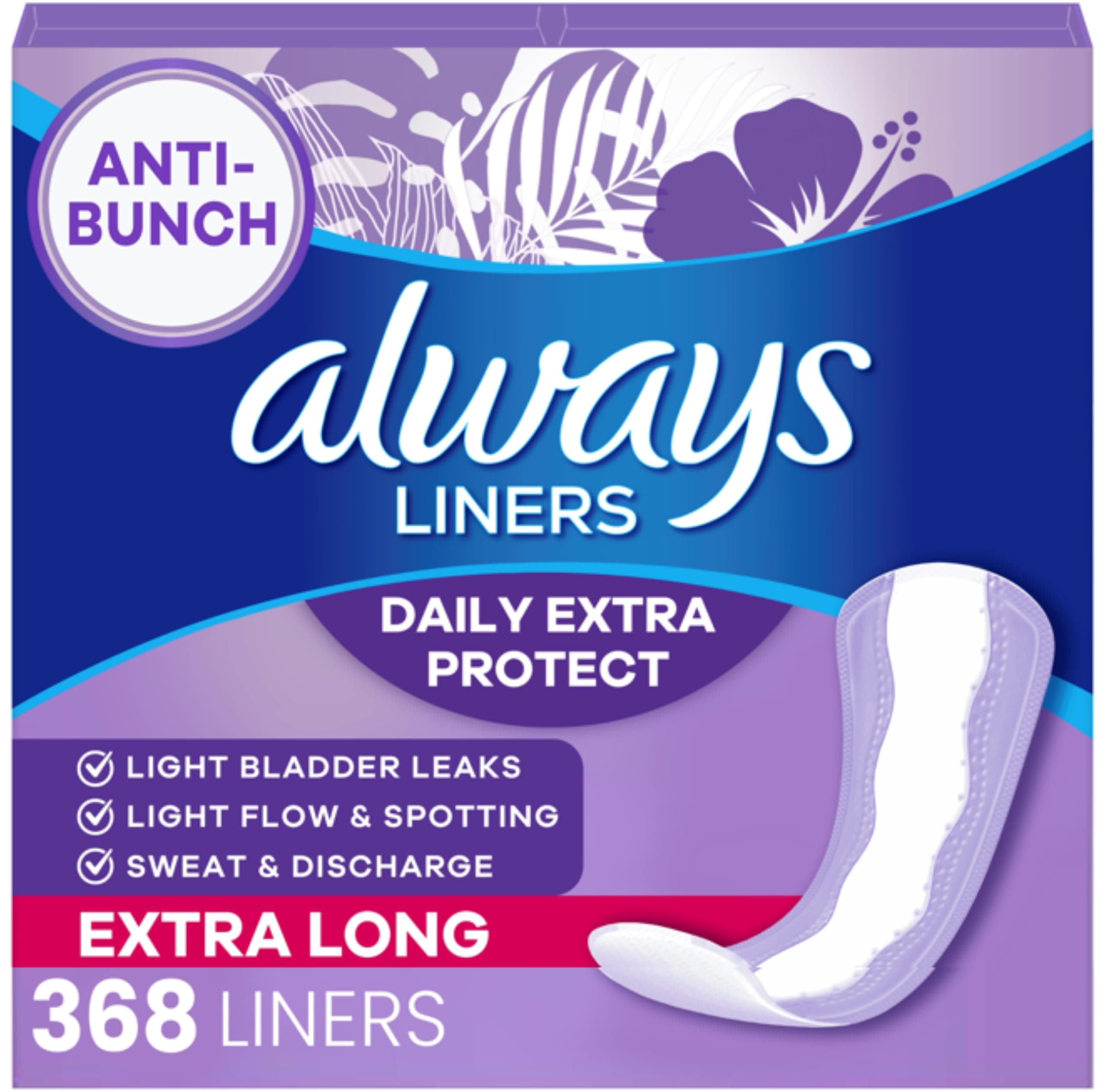 Panty Liners for Women Anti-Bunch Xtra Protection Daily Liners, Extra Long, Unscented, 92 Count x 4 (368 total)