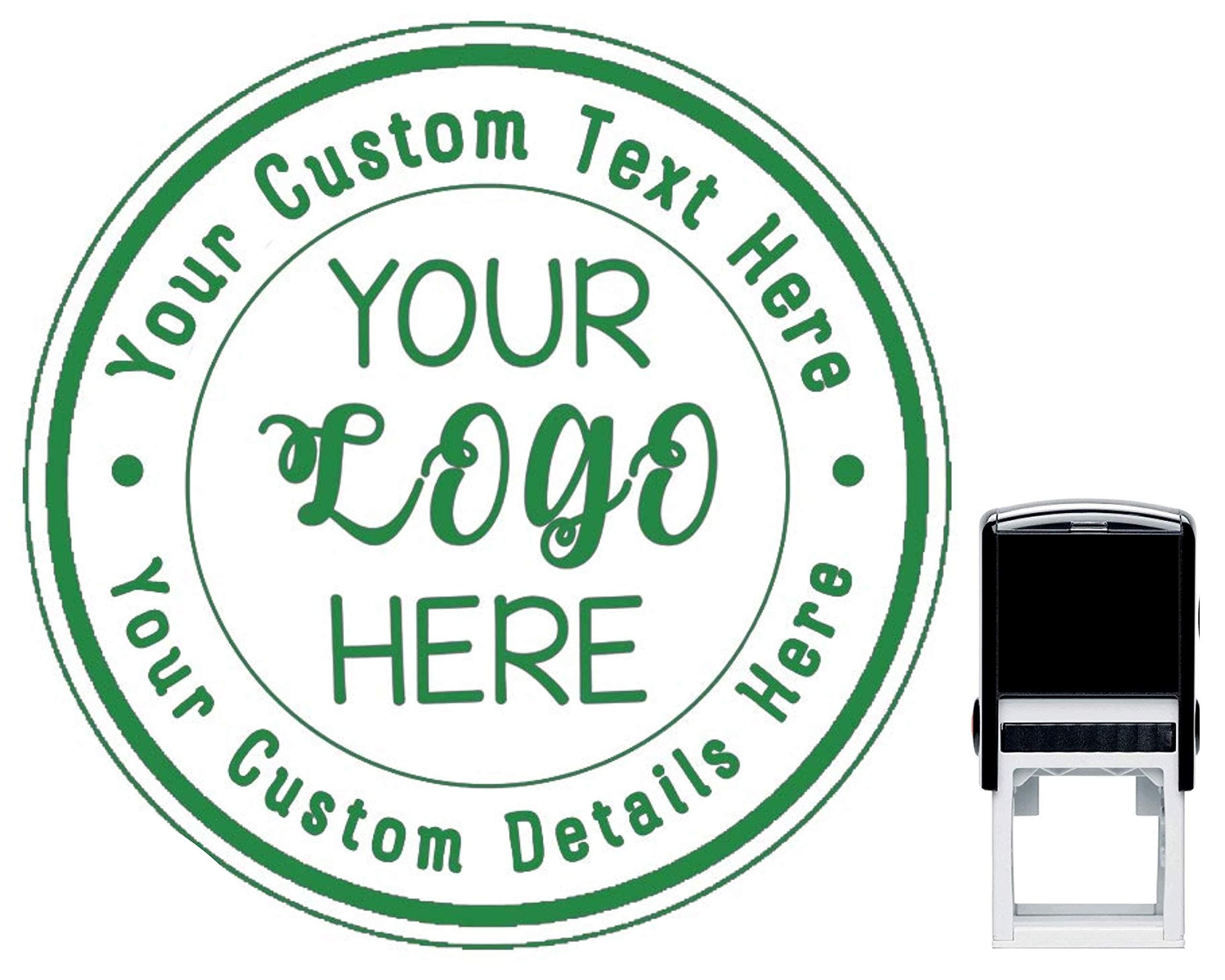 Custom Business Logo Double Round Border Stamp - 3 Lines of Text - Self Inking Stamper - Rubber Personalized Stamp - Stamps for Local Business - Personalized Business Stamps (Green)