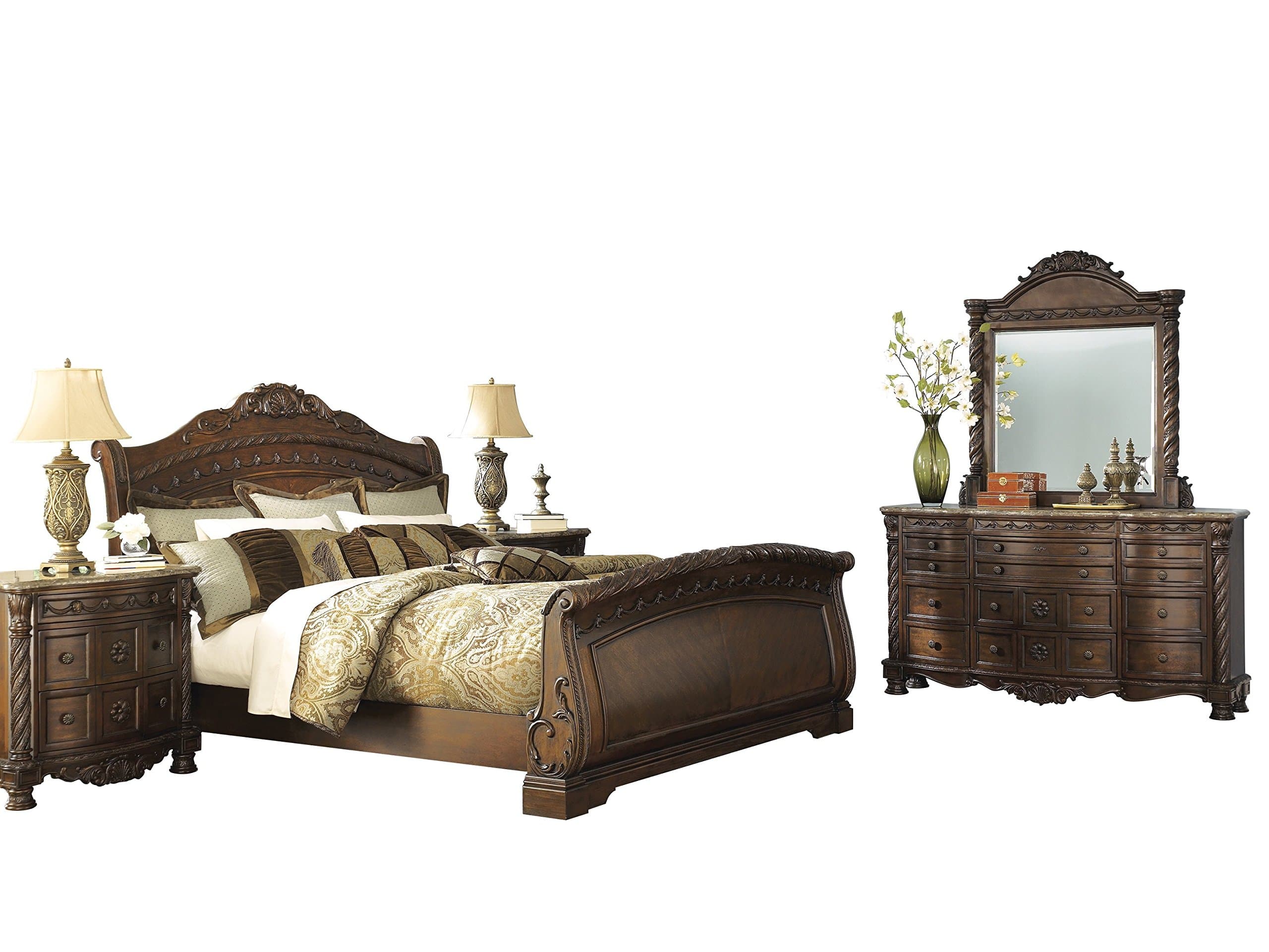 North Shore 5 PC Bedroom Set: E King Sleigh Bed Dresser Mirror 2 Nightstand - Ashley in Dark Brown