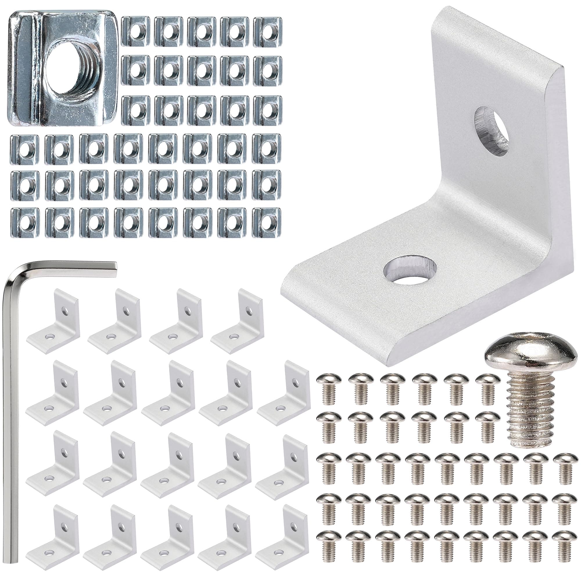 BELLA BAYS 20 Sets 2020 Series 90 Degree Corner Bracket Silver for 6mm Slot Aluminum Extrusion with 40pcs Sliding T Nuts 40pcs Hex Socket Cap Screw Bolts 1pc Wrench 3D Printer Accessories