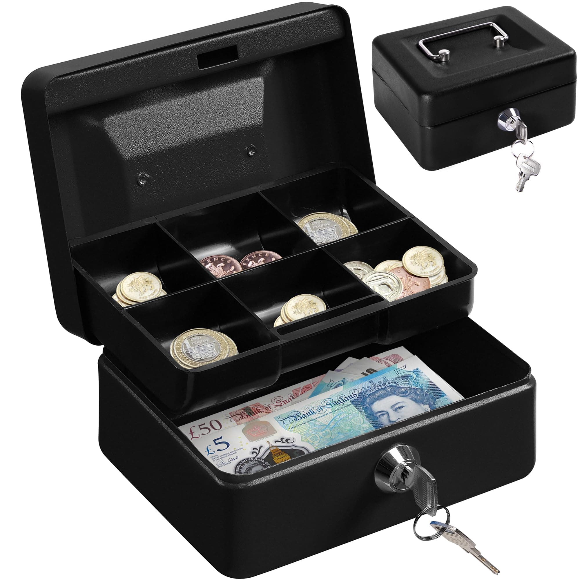 H&S Small Lock Box Money Safe with Tray for Cash - Black Metal Saving Box w/Lock and Key - with Stainless Steel Handle