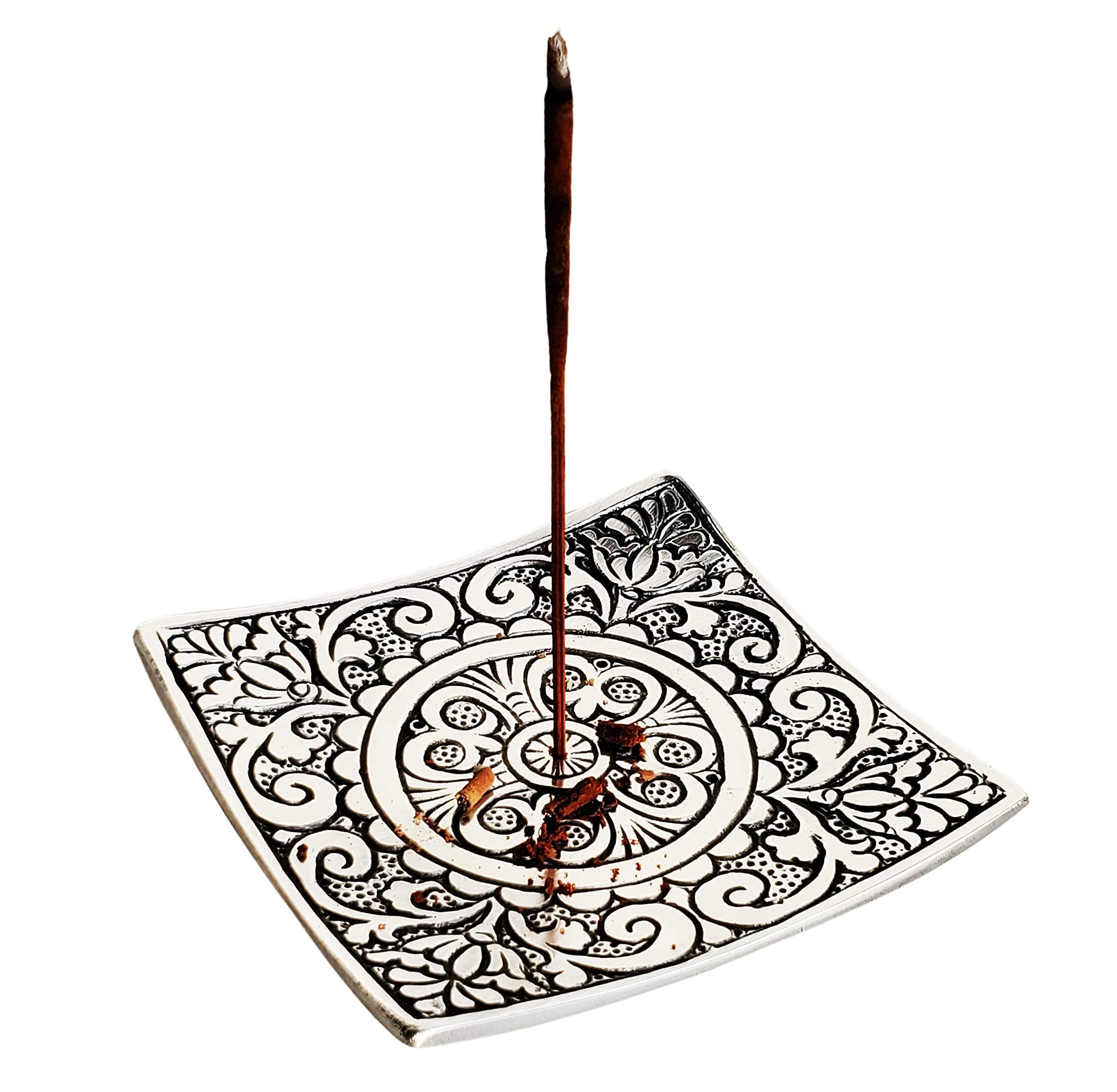 Pure Source India Aluminum Incense Holder for Pooja, Hand Carved Agarbatti Stand, Rust Proof Decorative Ash Catcher, 4 x 4 Inch, Home Temple & Meditation Decor