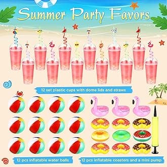 109 Pcs Summer Swimming Pool Party Favor Straw Sticker Pinch Inflatable Coasters Water Ball Bubble Wand Water Gun Absorbent Ball Plastic Cup for Summer End of The Year Party Supplies