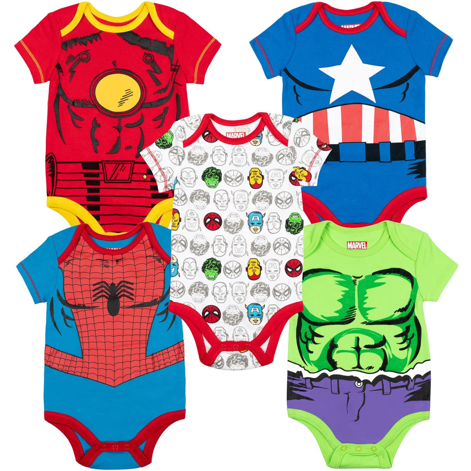 Marvel Baby Boys' 5 Pack Bodysuits - The Hulk, Spiderman, Iron Man and Captain America