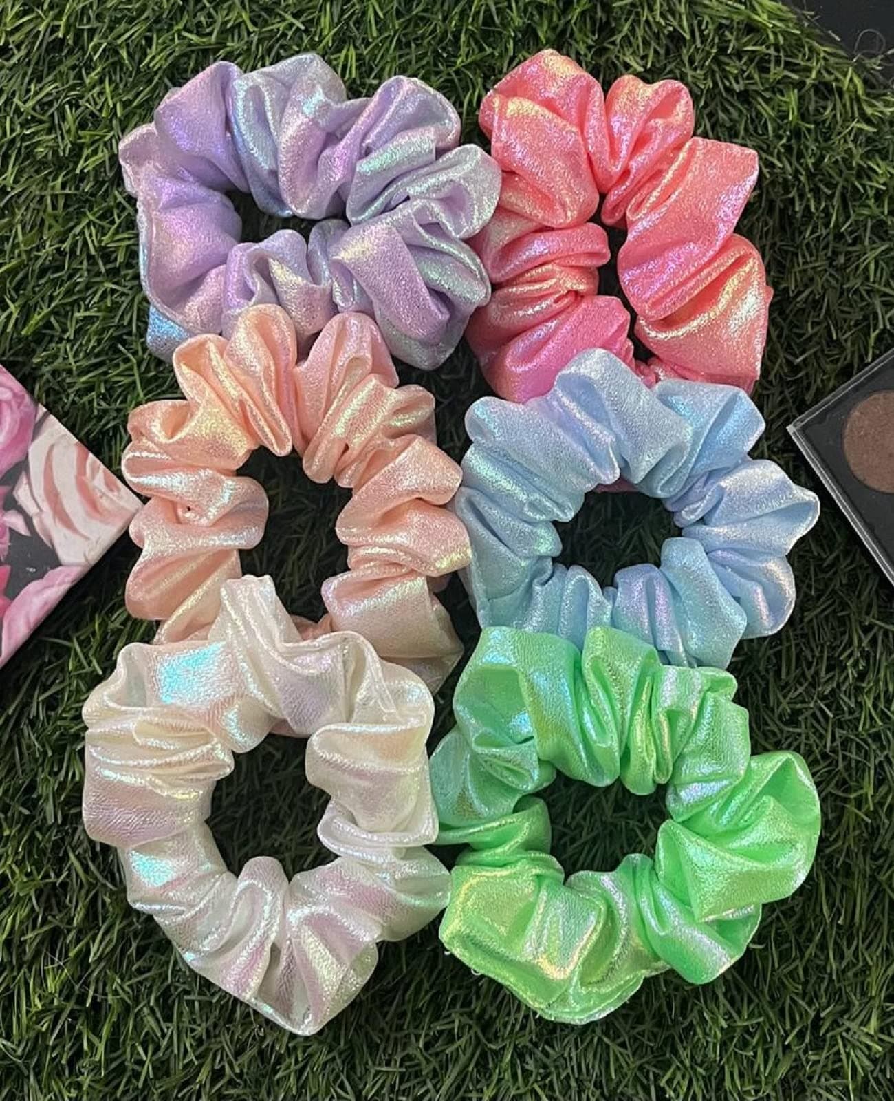 Deepti Chandna Designs Plain Satin Bright colour Large Size Shiny Hologram Scrunchies/Ponytail Holders/Hair Ties Combo, Elegant Hair Accessories for Girls and Women (Set of 6) (Style 14)