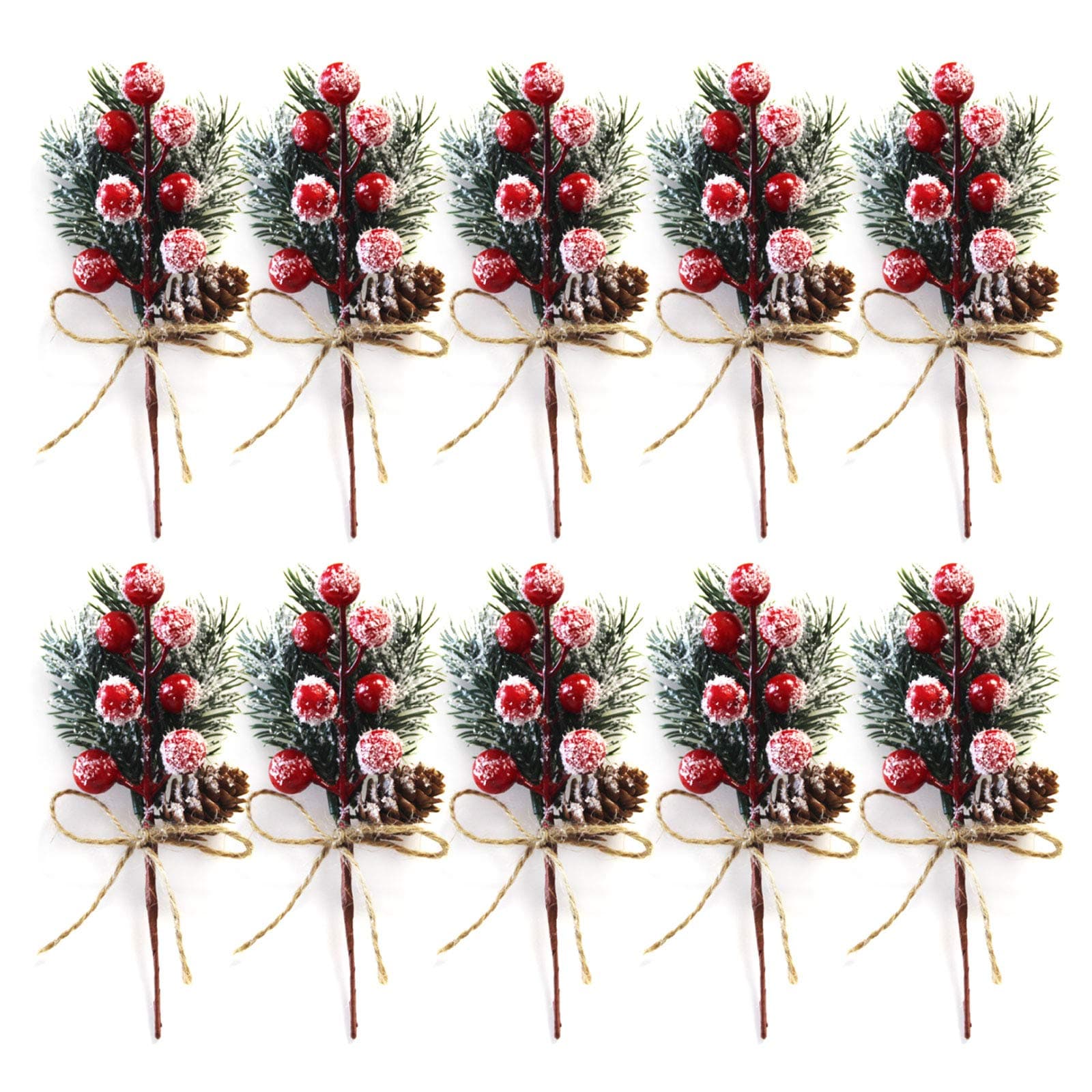 Artificial Red Berry Branches 10 Pack 6 Inch Christmas Picks Spray Artificial Pine Cones Holly Stem Craft, Winter Holiday Floral Picks for Crafts Xmas Tree Ornaments
