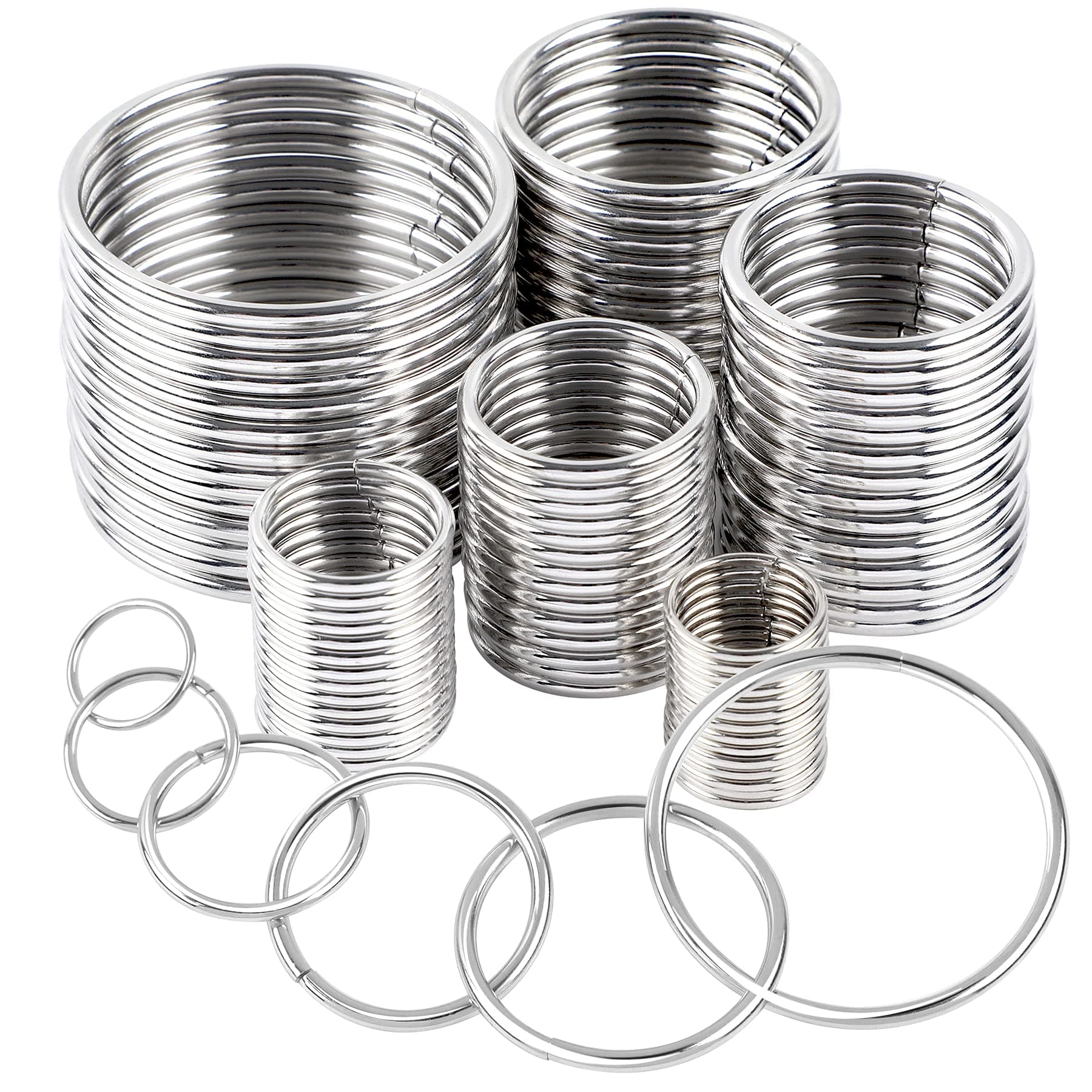 PETKNOWS 90Pcs 6 Sizes Silver Metal O Rings Multi-Purpose Heavy Duty Round Ring for Hardware Bags Belts Dog Leashes Hanging Basket DIY Craft Supplies, 15mm, 20mm, 25mm, 32mm, 38mm, 50mm