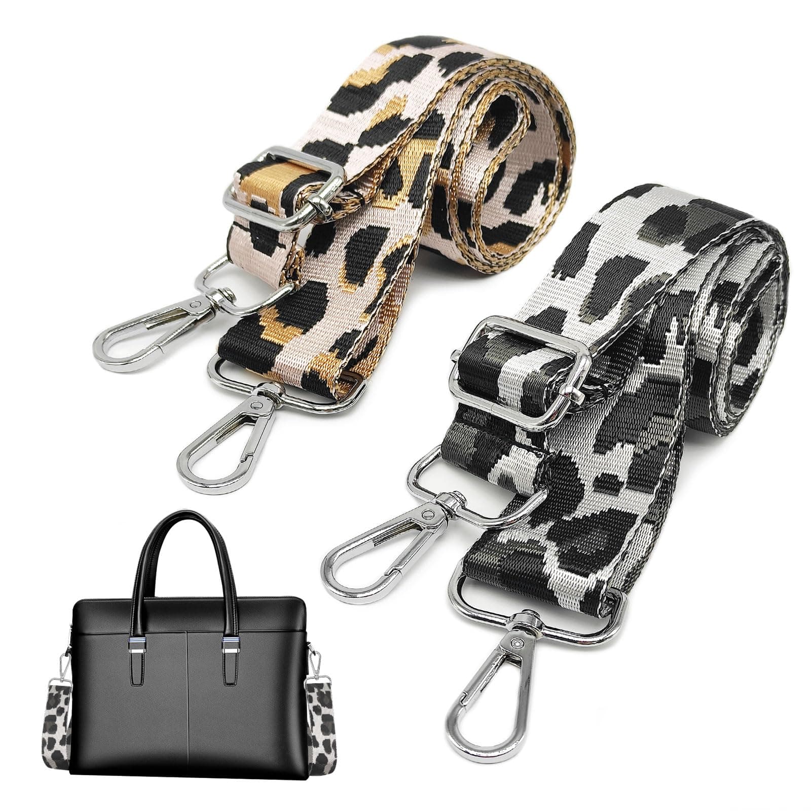EUPSIIU 2 Pcs Wide Shoulder Bag Strap Adjustable Crossbody Bag Strap, Leopard Print Nylon Replacement Luggage Straps, With Clips For All Match Long Straps Handbag Canvas Crossbody Bag (2 Color)