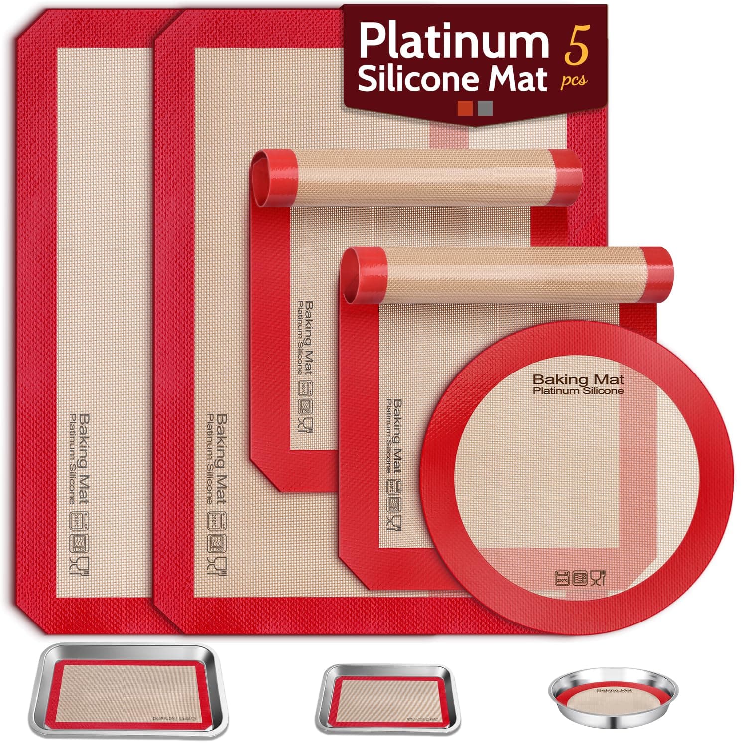 Sopito 5PCS Non Stick Platinum Silicone Baking Mat for Half Sheet & Quarter Baking Sheet and 9'' Pizza Pan, Reusable & Food Safe Heat Proof Up to 480℉ Cooking Mat, Red
