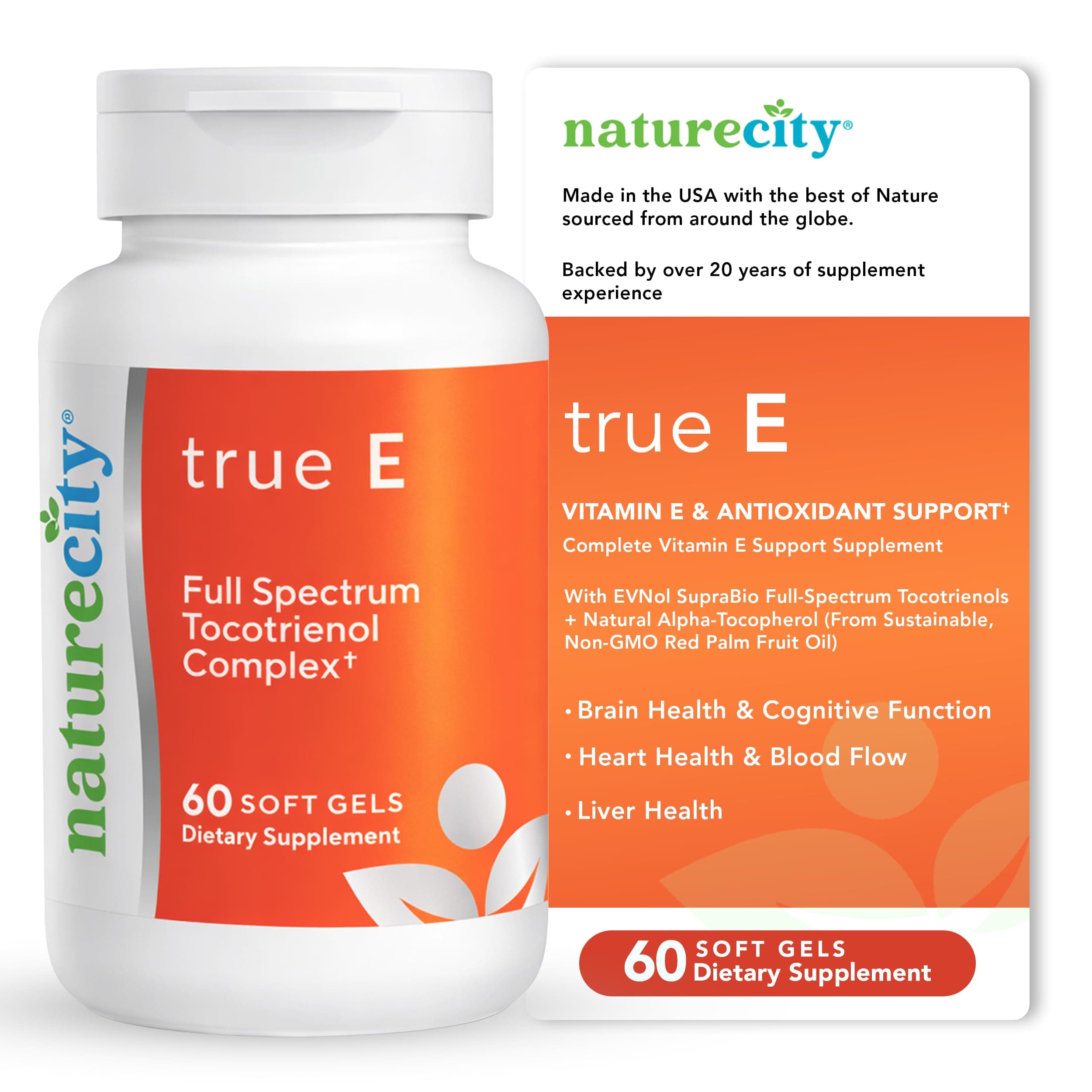 NatureCity True-E Full Spectrum Tocotrienols Vitamin E & Natural Alpha Tocopherol Supplement | Sustainable Vitamin E Tocotrienols from Evnol Suprabio | Non-GMO Vitamin E Complex | 60 Soft gels